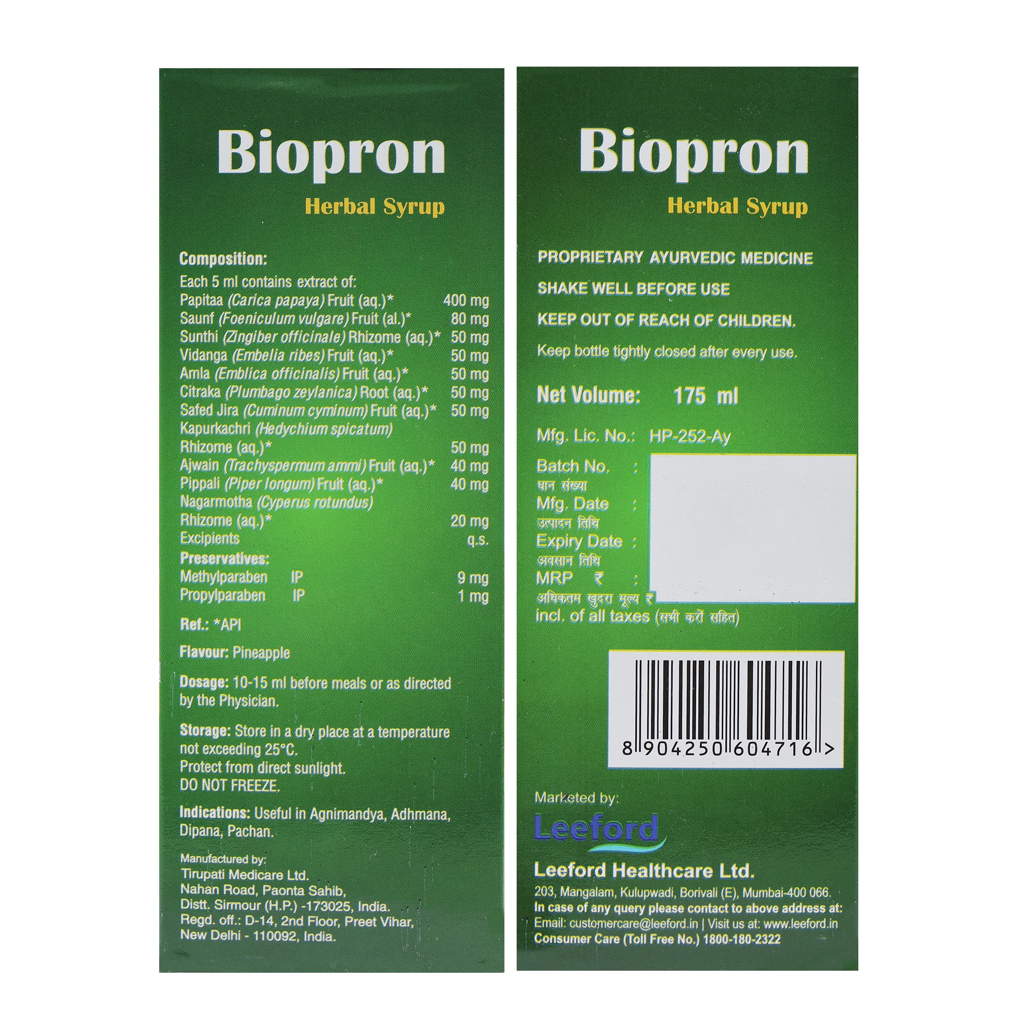 Biopron Herbal Syrup Product Packaging