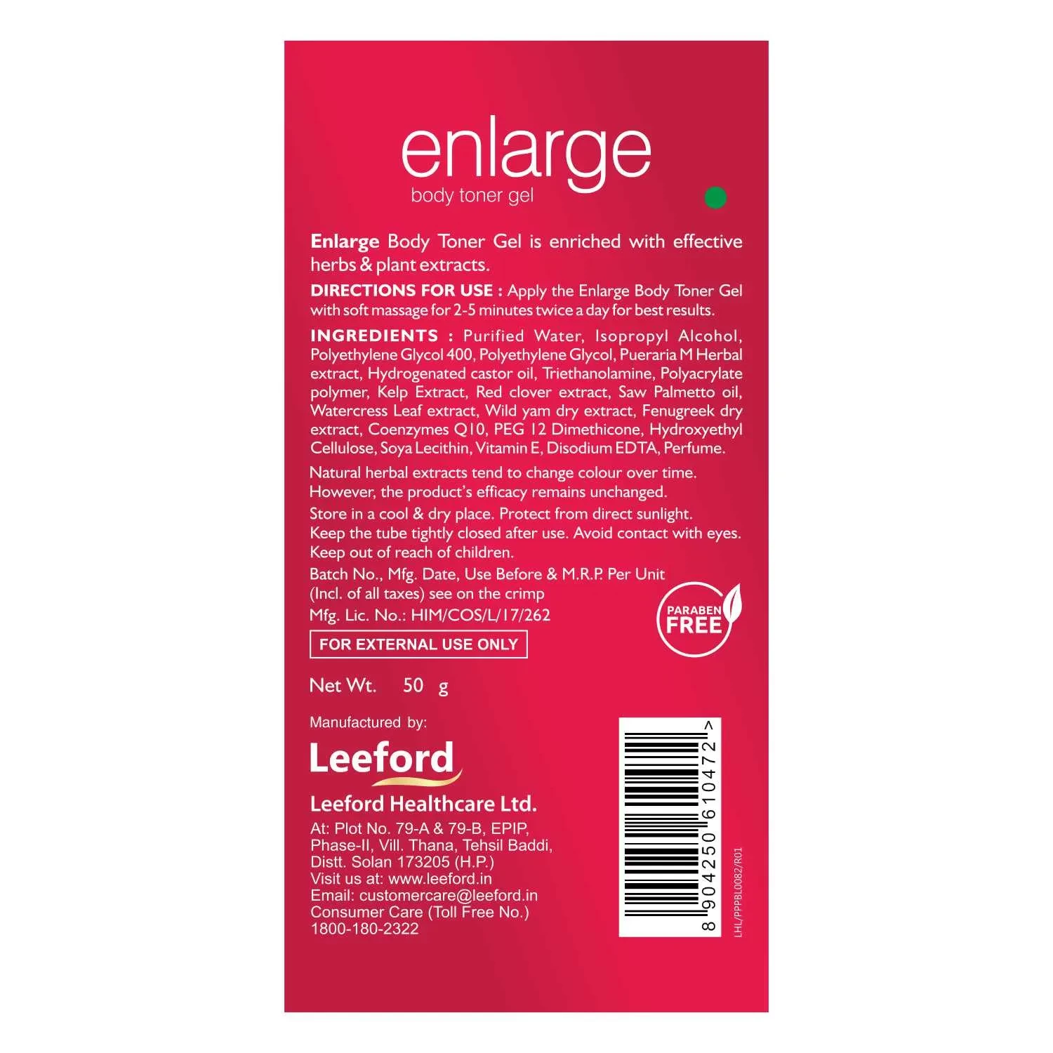 Enlarge Body Toner Gel for Increase Breast Size packaging  Backside