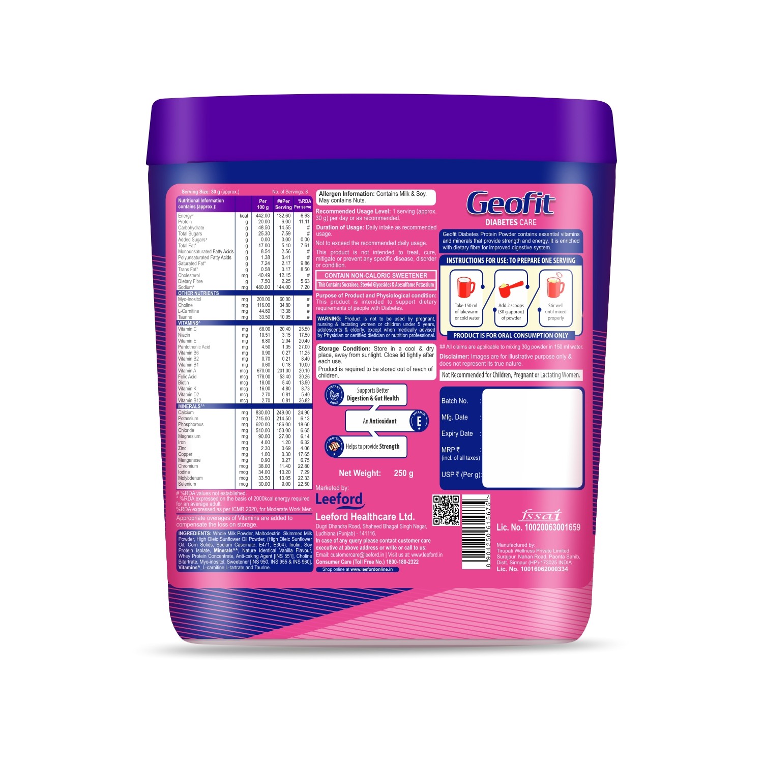 Geofit Vanilla Flavoured Diabetic Care Protein Powder Backside Packaging