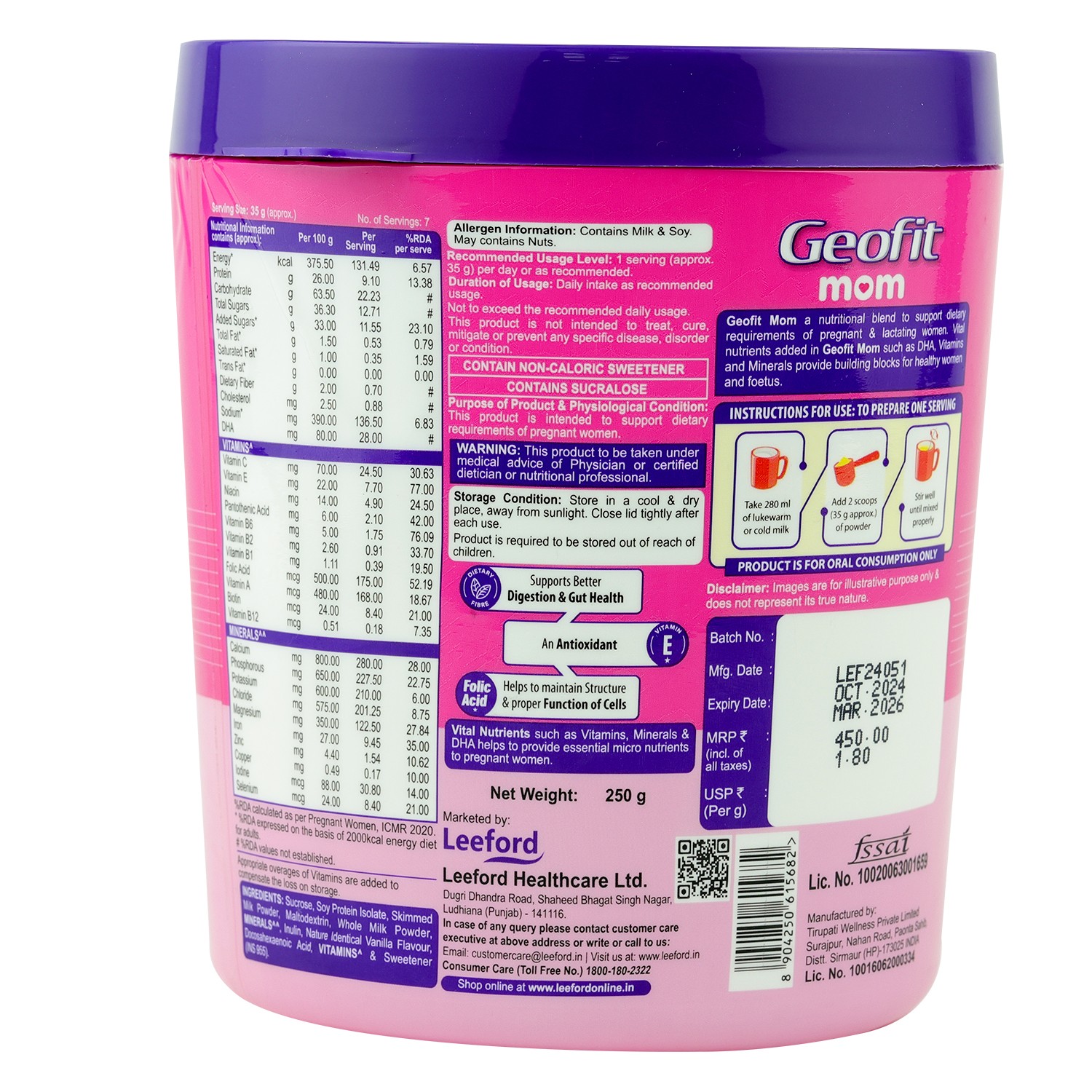 Geofit Vanilla Flavoured Mom Protein Powder packaging