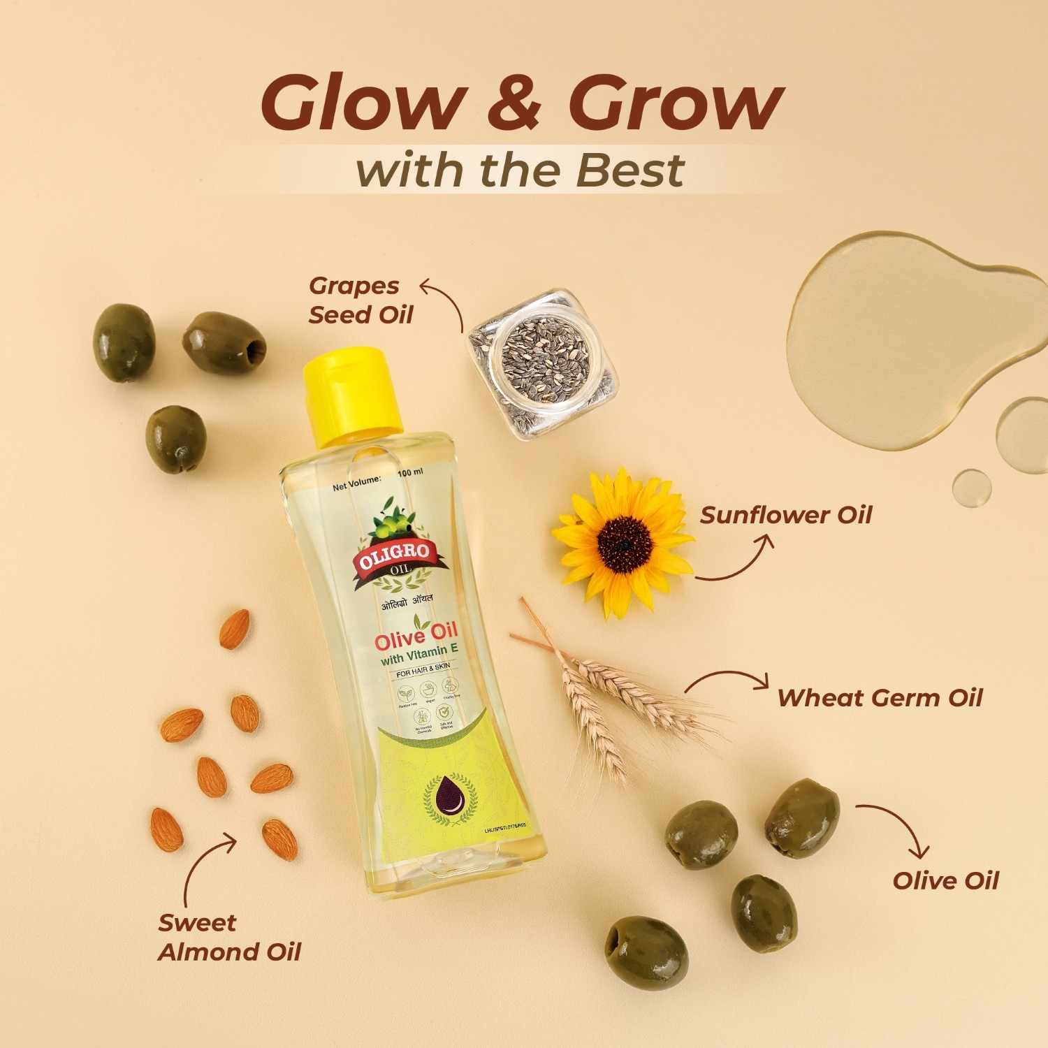 Oligro Olive Oil with Vitamin-E ingredients like grape seed oil