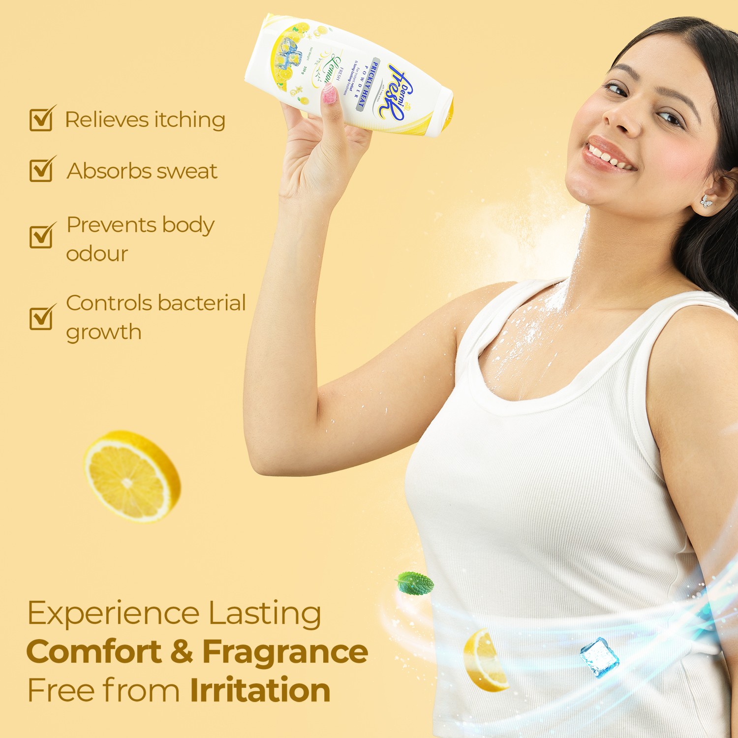 Dermi fresh prickly heat powder with lemon fragrance key benefits