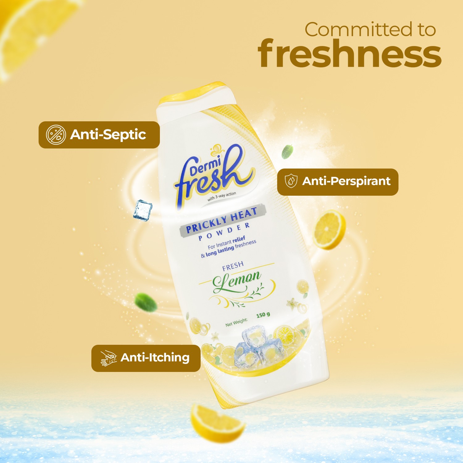 Dermi fresh prickly heat powder with lemon fragrance is anti septic anti itching