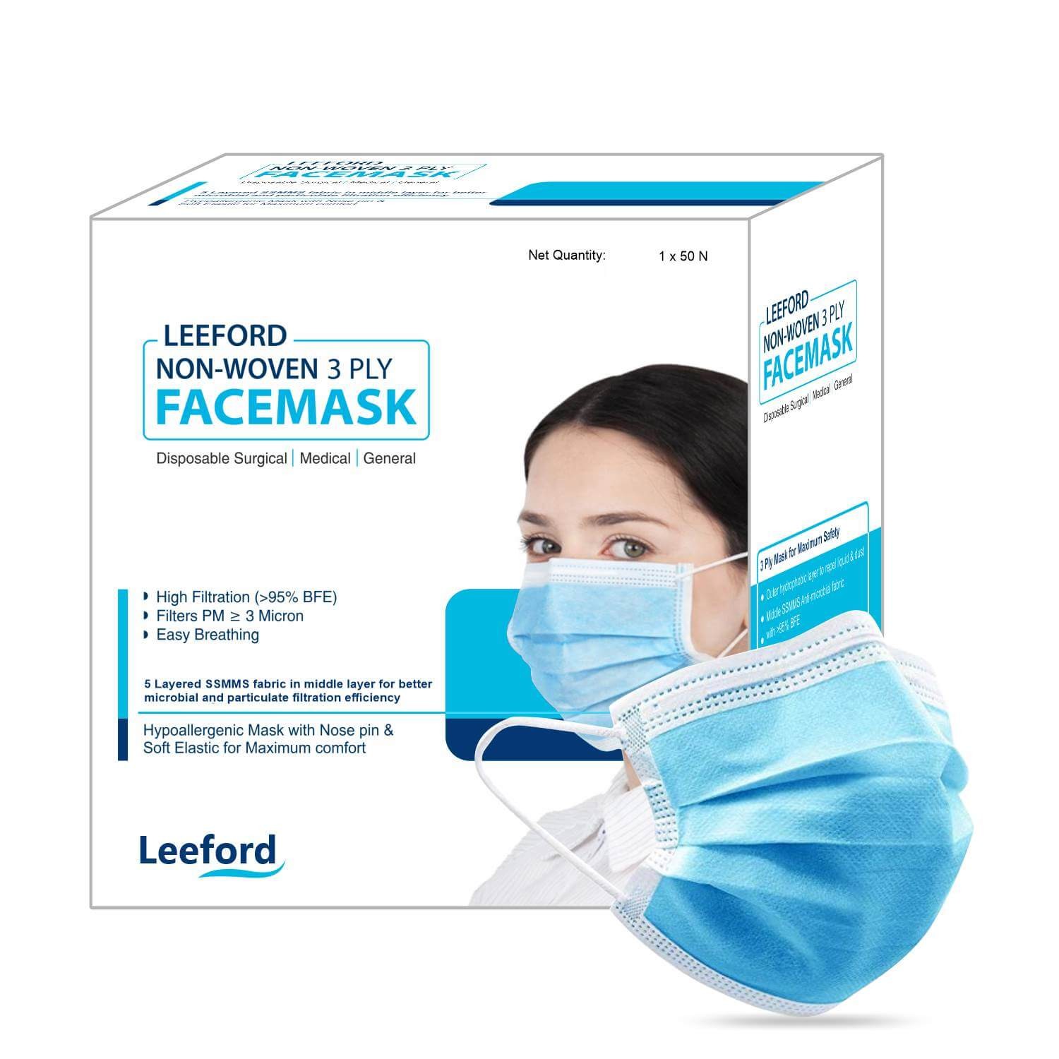 Leeford 3ply Non Woven Fabric Disposable Surgical Mask