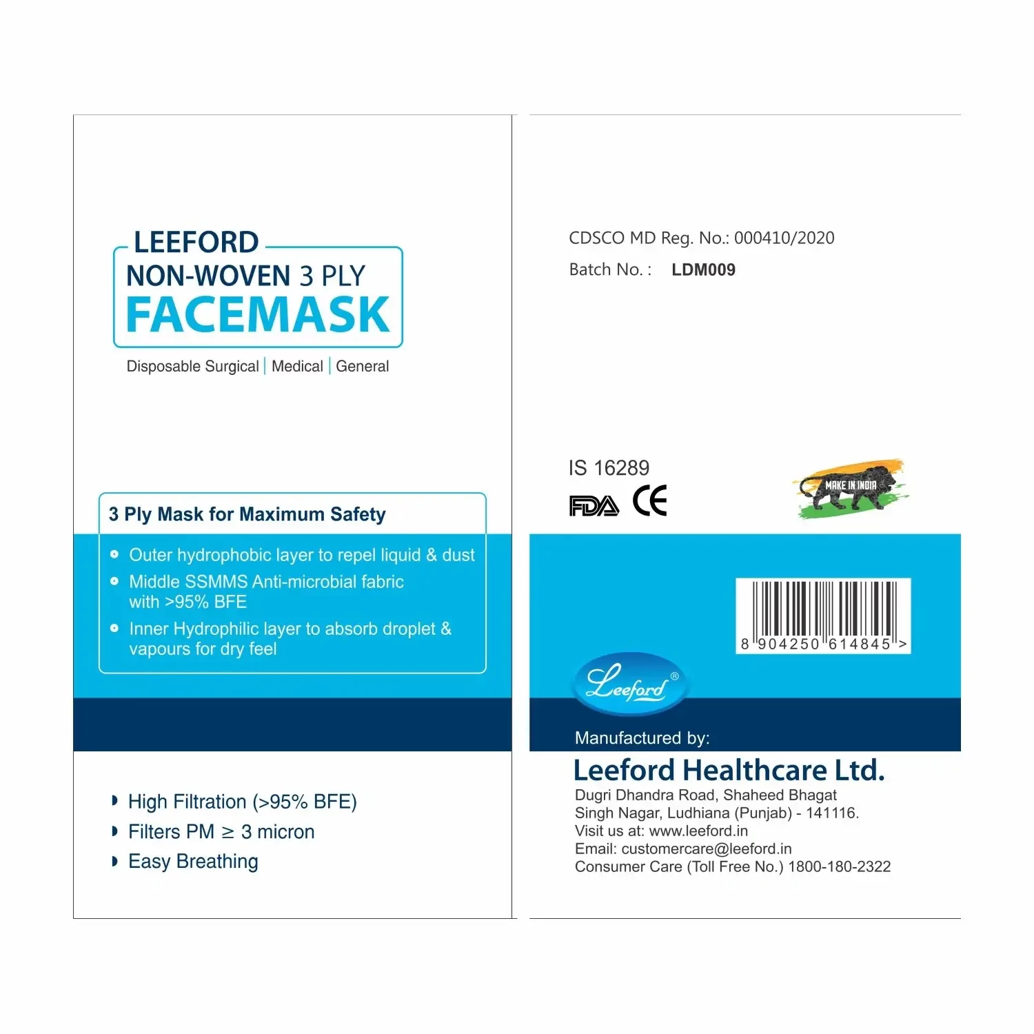 Leeford 3ply Non Woven Fabric Disposable Surgical Mask Backside  Packaging