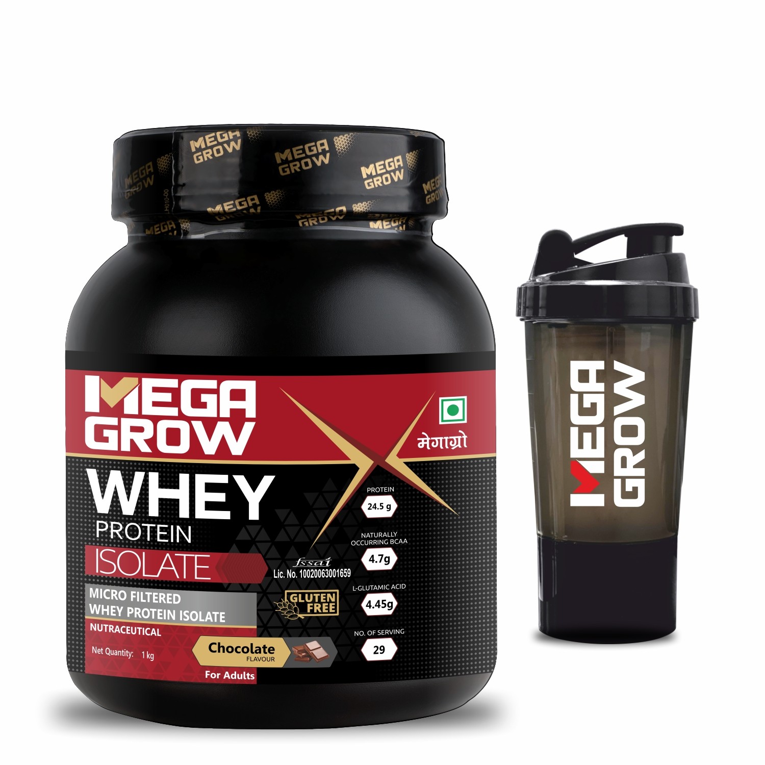 Megagrow Isolate Whey Protein Powder Chocolate Flavor with Shaker Pack of 1 Kg