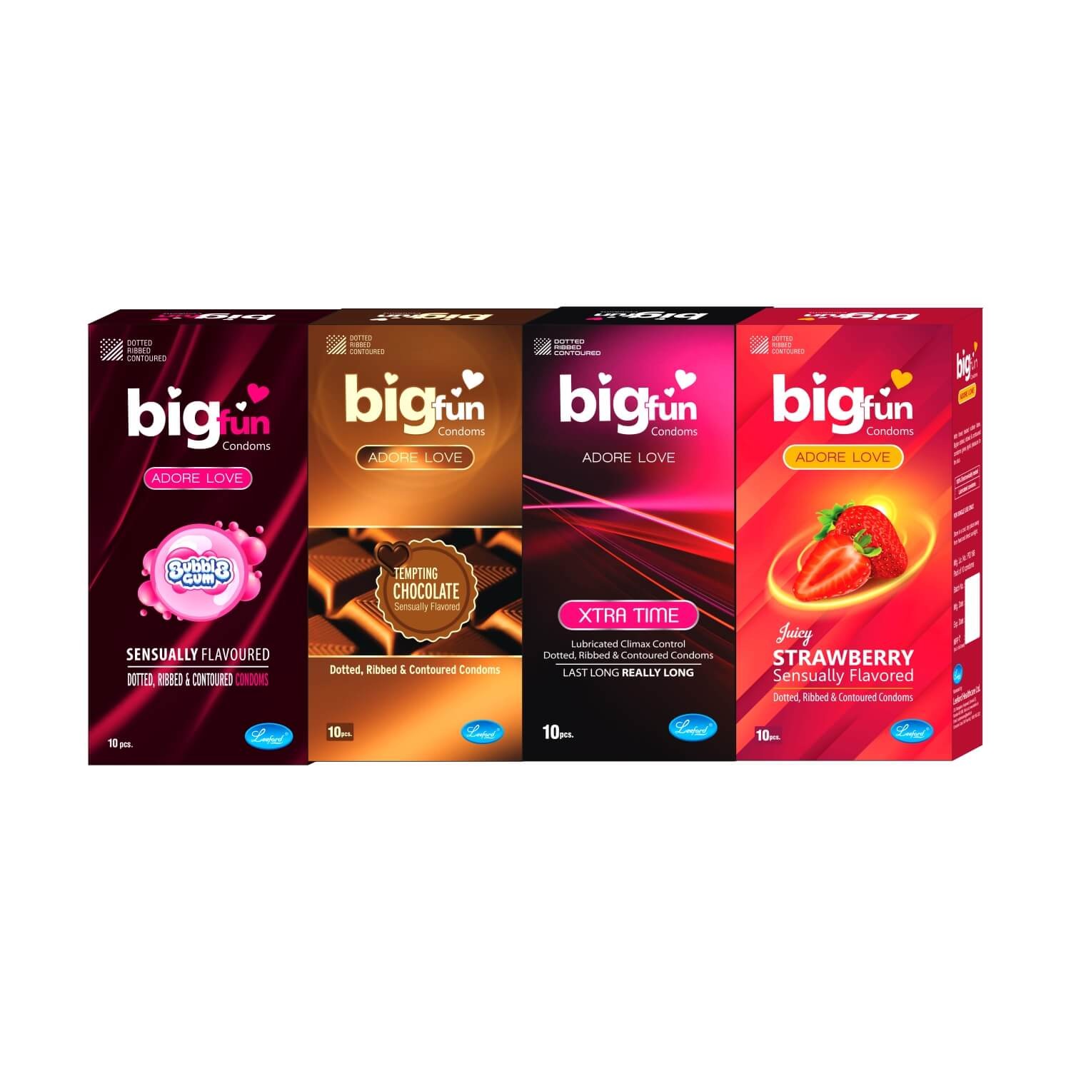 Bigfun Condom Pack Bubblegum Strawberry Chocolate Flavored and Extra Time Pack of 10 Each