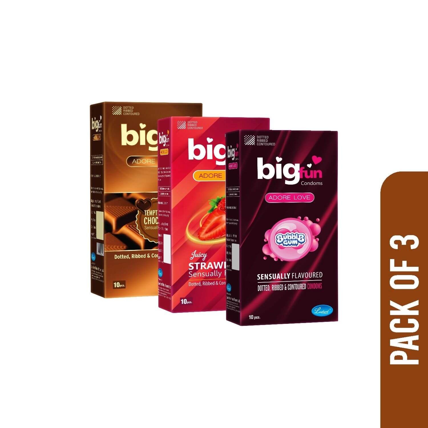Bigfun Condom Bubblegum Strawberry and Chocolate Flavored Pack 10 Each Total 30 Pcs