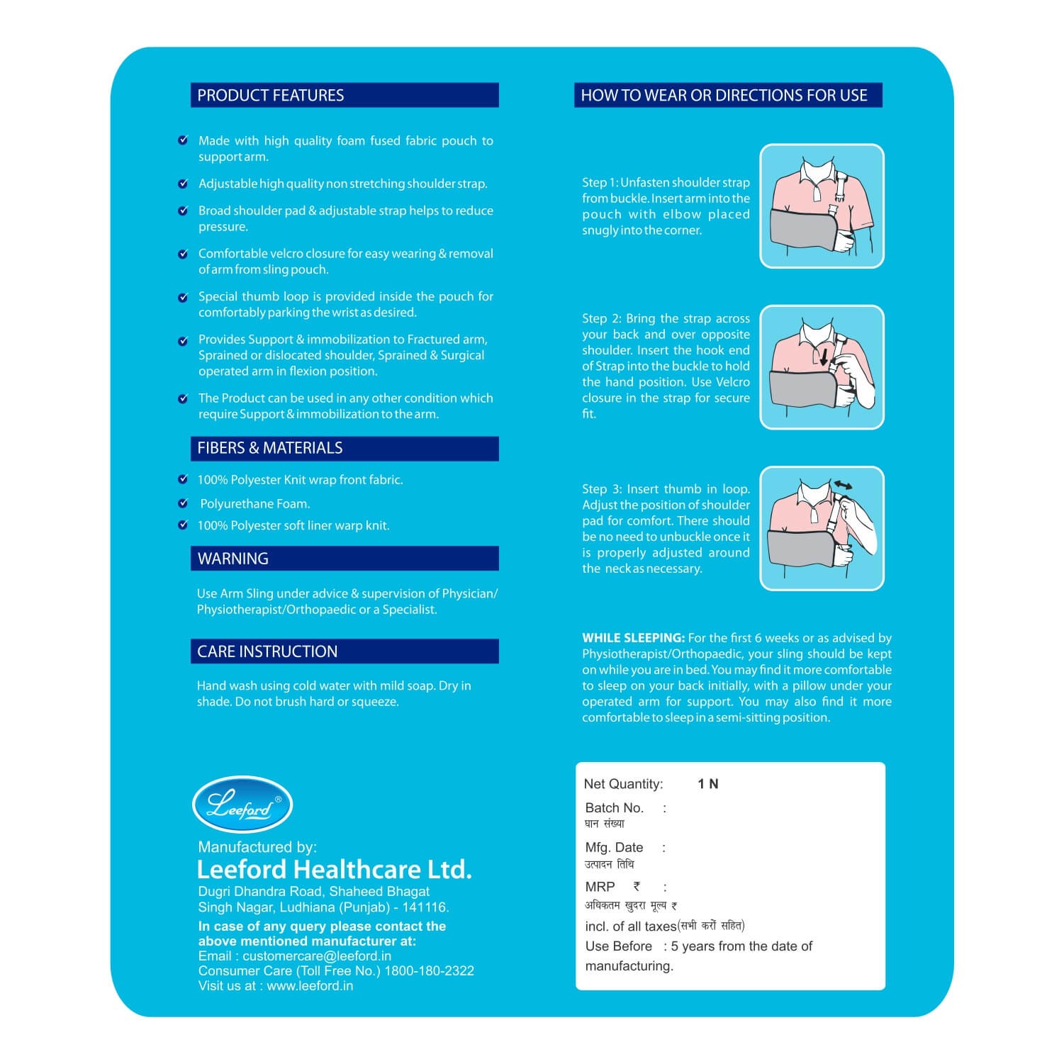 Leeford Pouch Arm Sling  Backside  Packaging