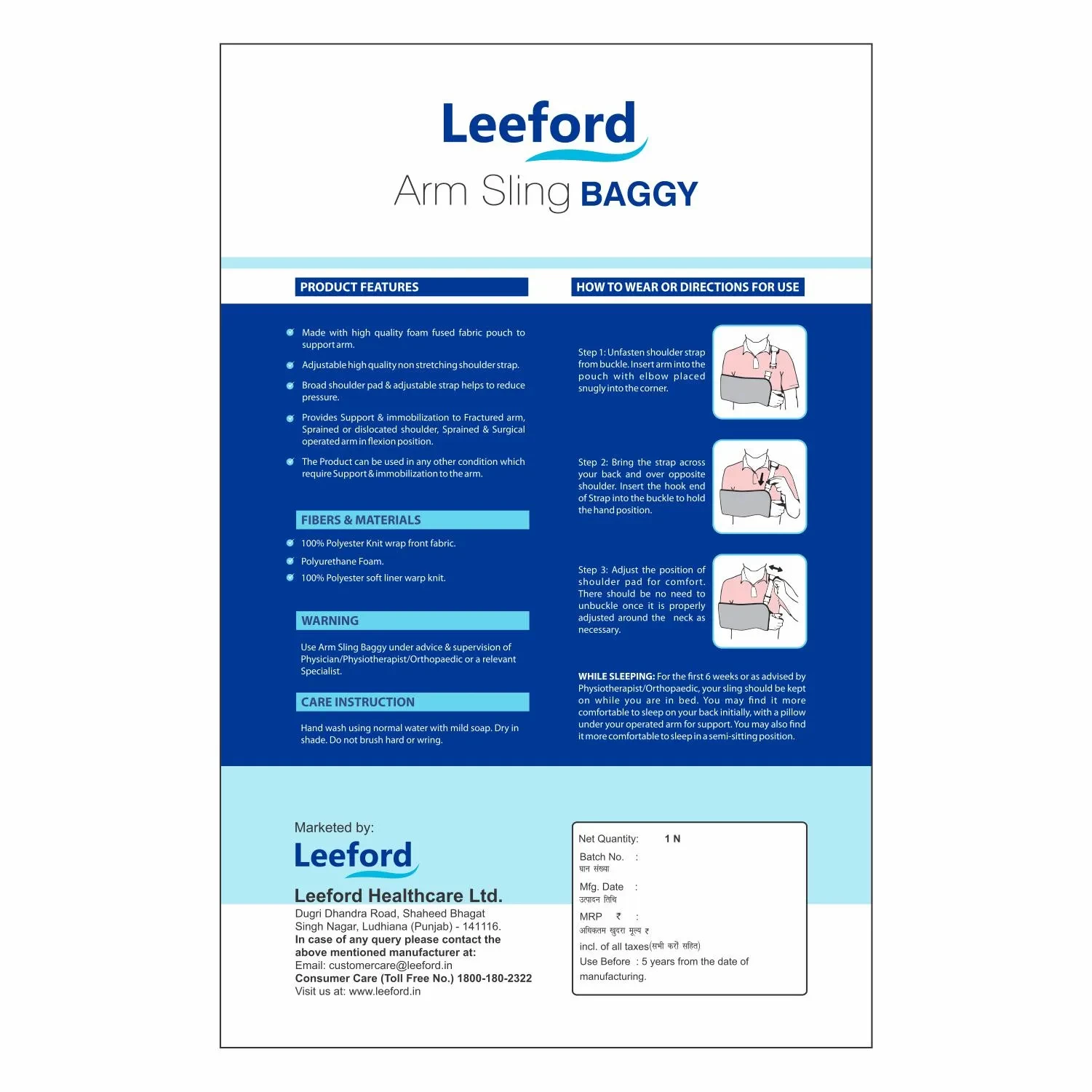 Leeford Baggy Arm Sling for Men and Women  Product Packaging