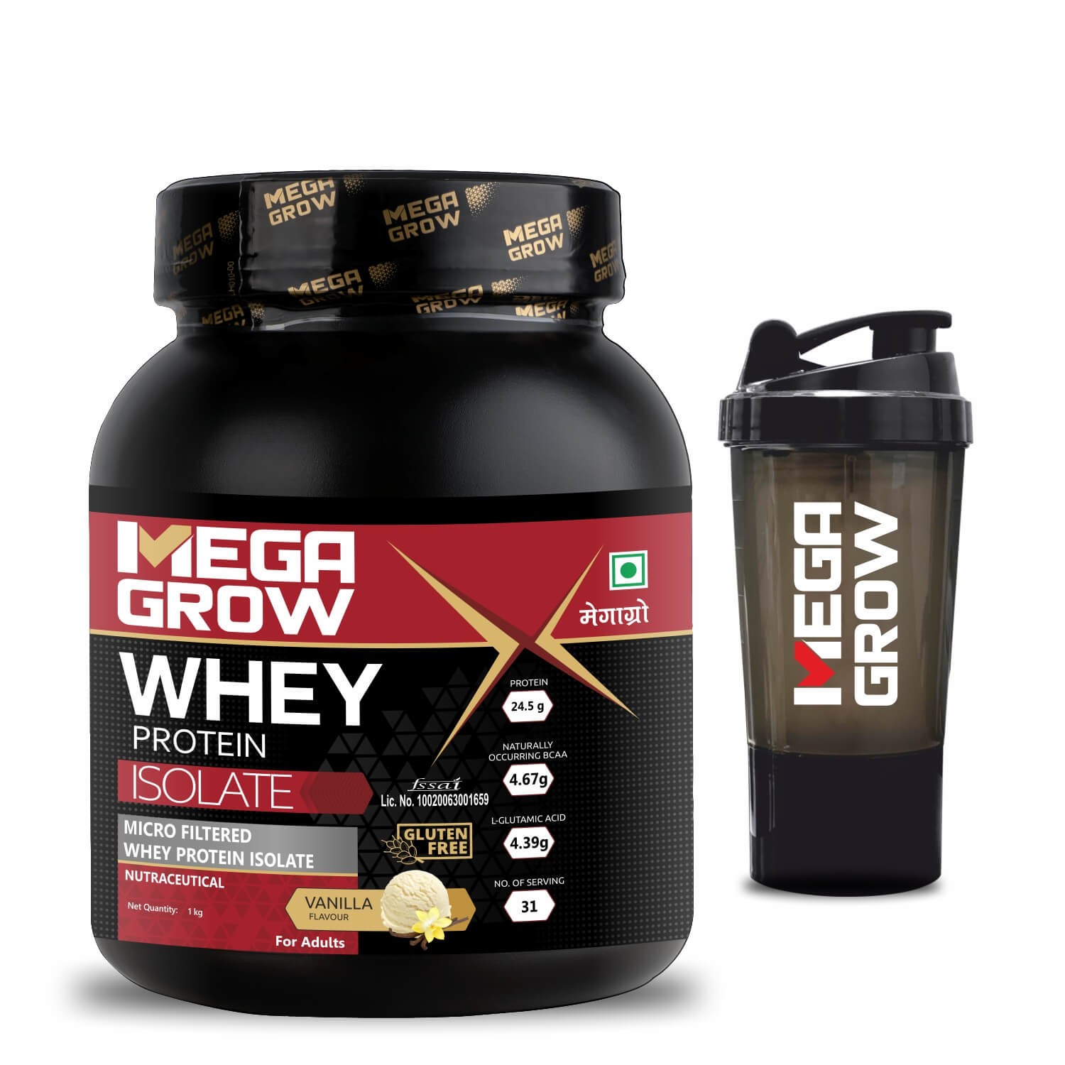 Megagrow Isolate Whey Protein Powder Vanilla Flavored with Shaker 1 Kg