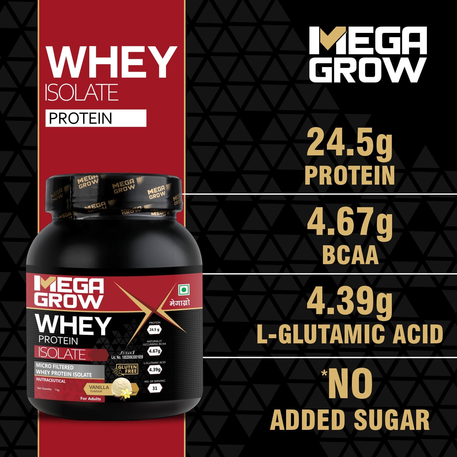 Megagrow Isolate Whey Protein Powder Vanilla Flavored with Shaker Ingredients