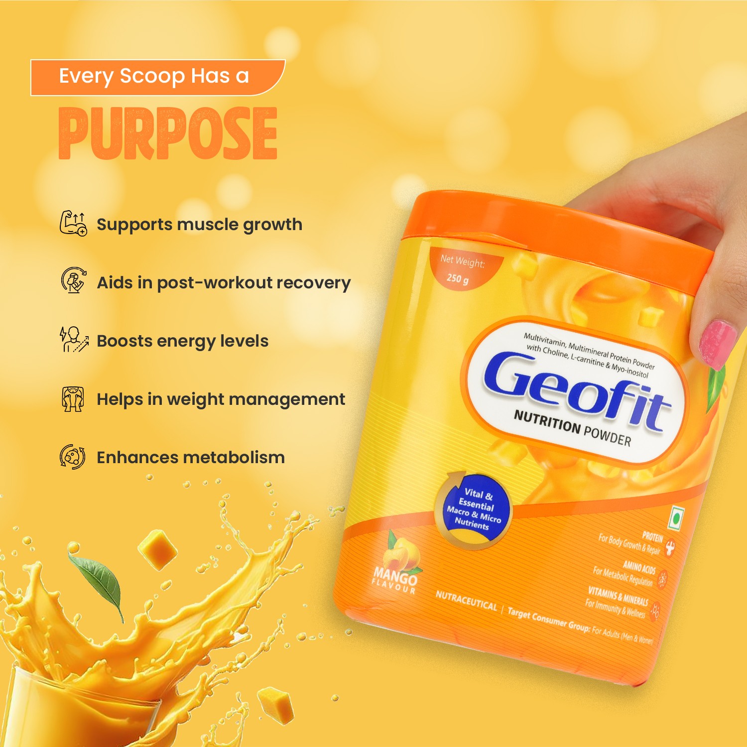 Geofit Mango Nutrition Powder supports muscle growth