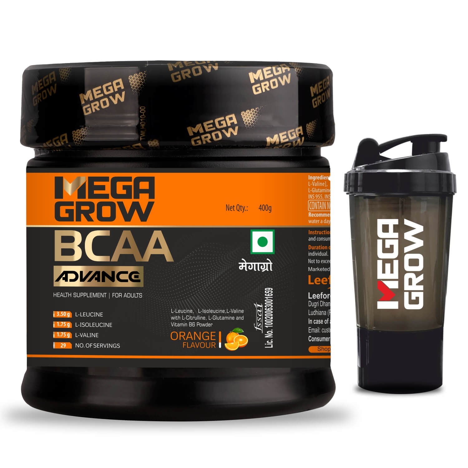 Megagrow BCAA Advance Supplement Powder Orange Flavor with Shaker 400gm