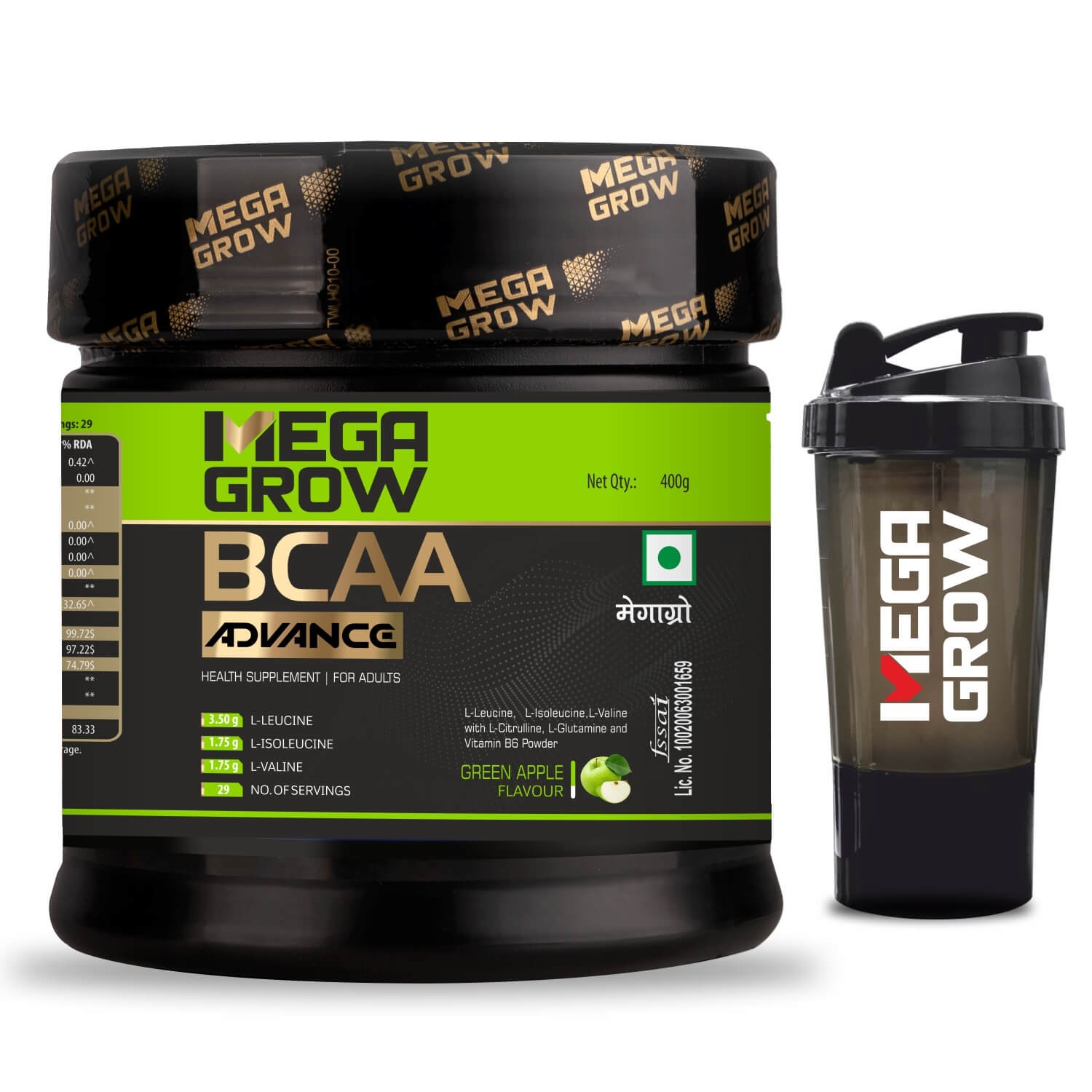 Megagrow BCAA Advance Supplement Powder Green Apple Flavor with Shaker  400gm