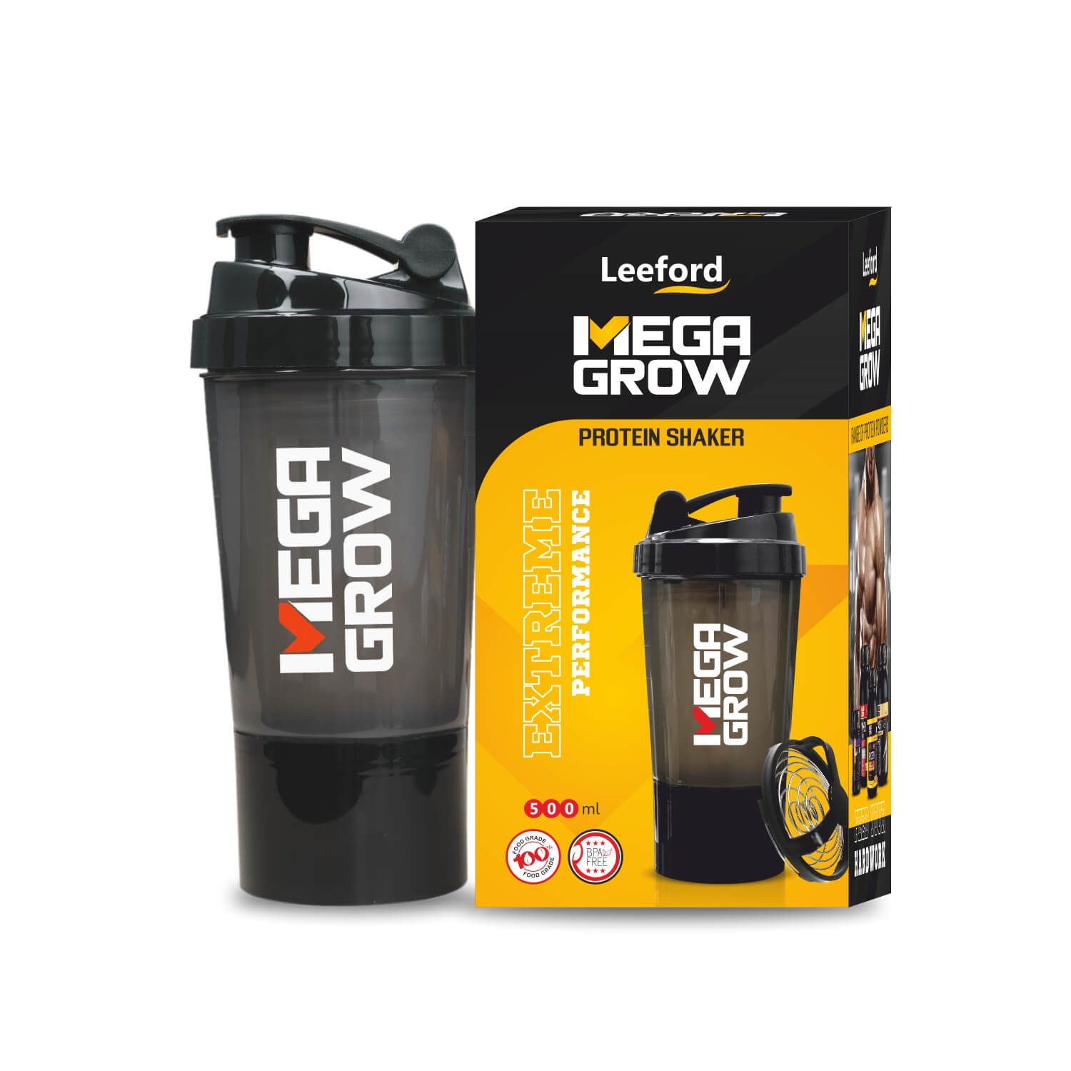 Megagrow Protein Shaker Bottle with Extra Compartment with Package