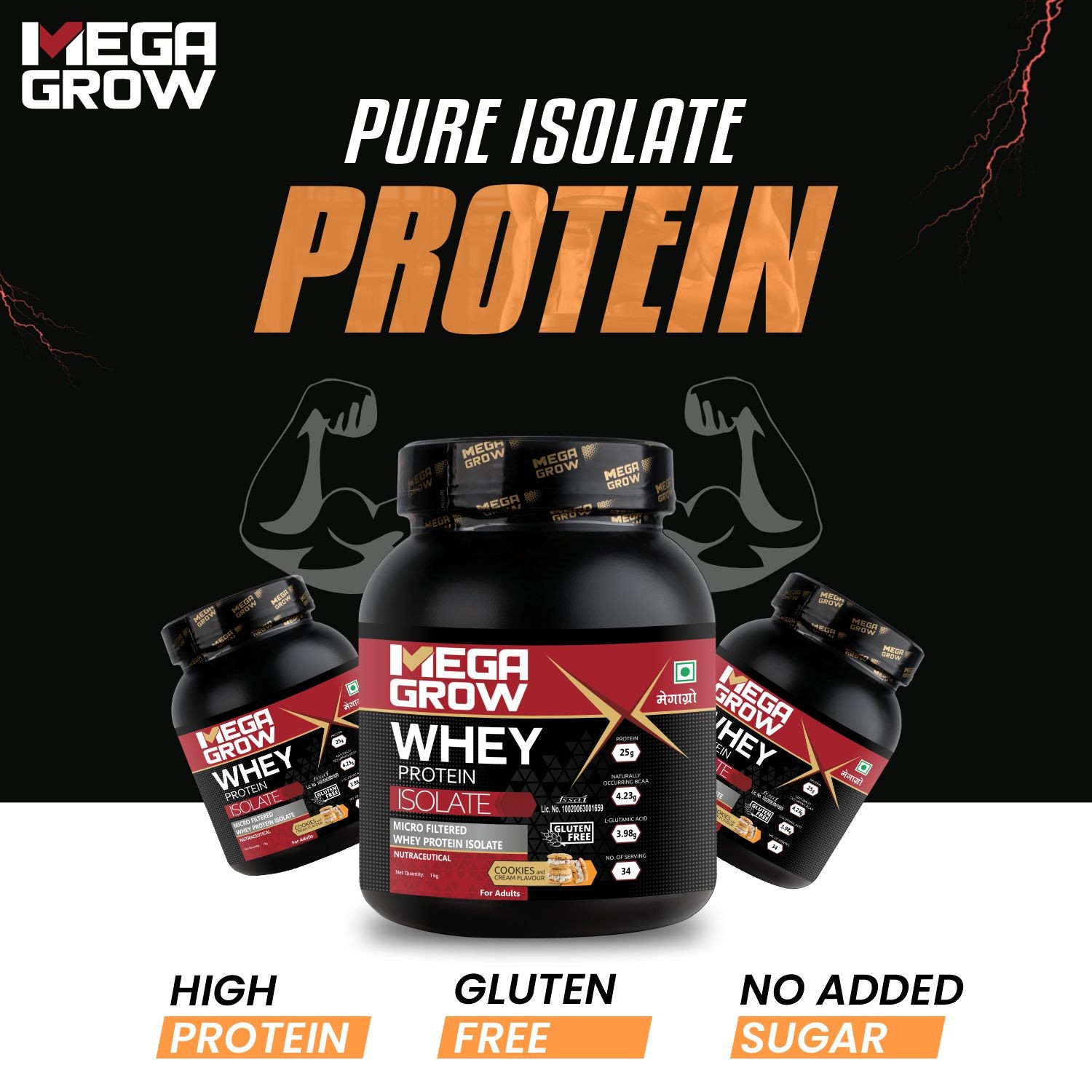 Megagrow Isolate Whey Protein Powder Cookies and Cream Flavor No Added Sugar