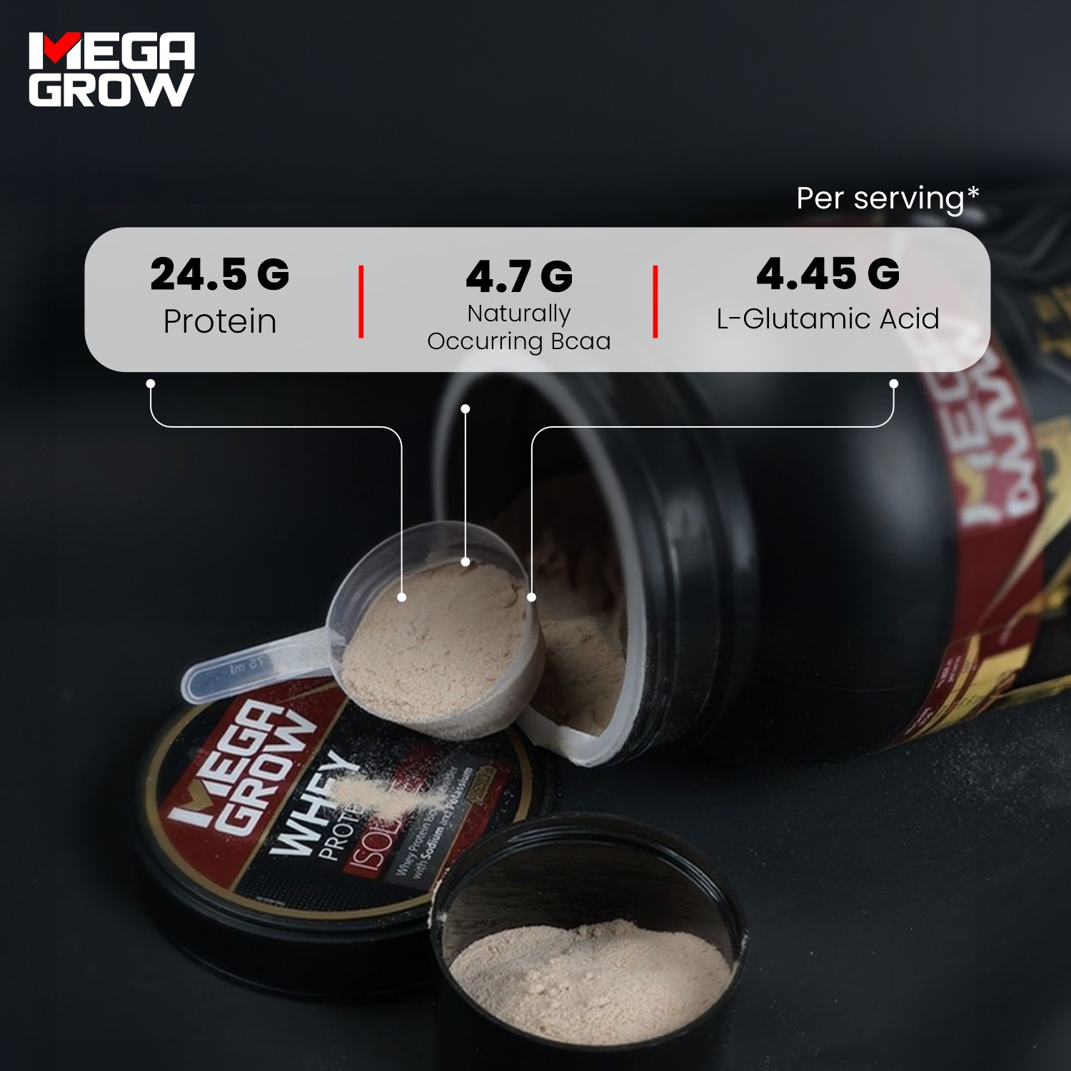 Megagrow Isolate Whey Protein Powder Chocolate Flavor  Per Serving