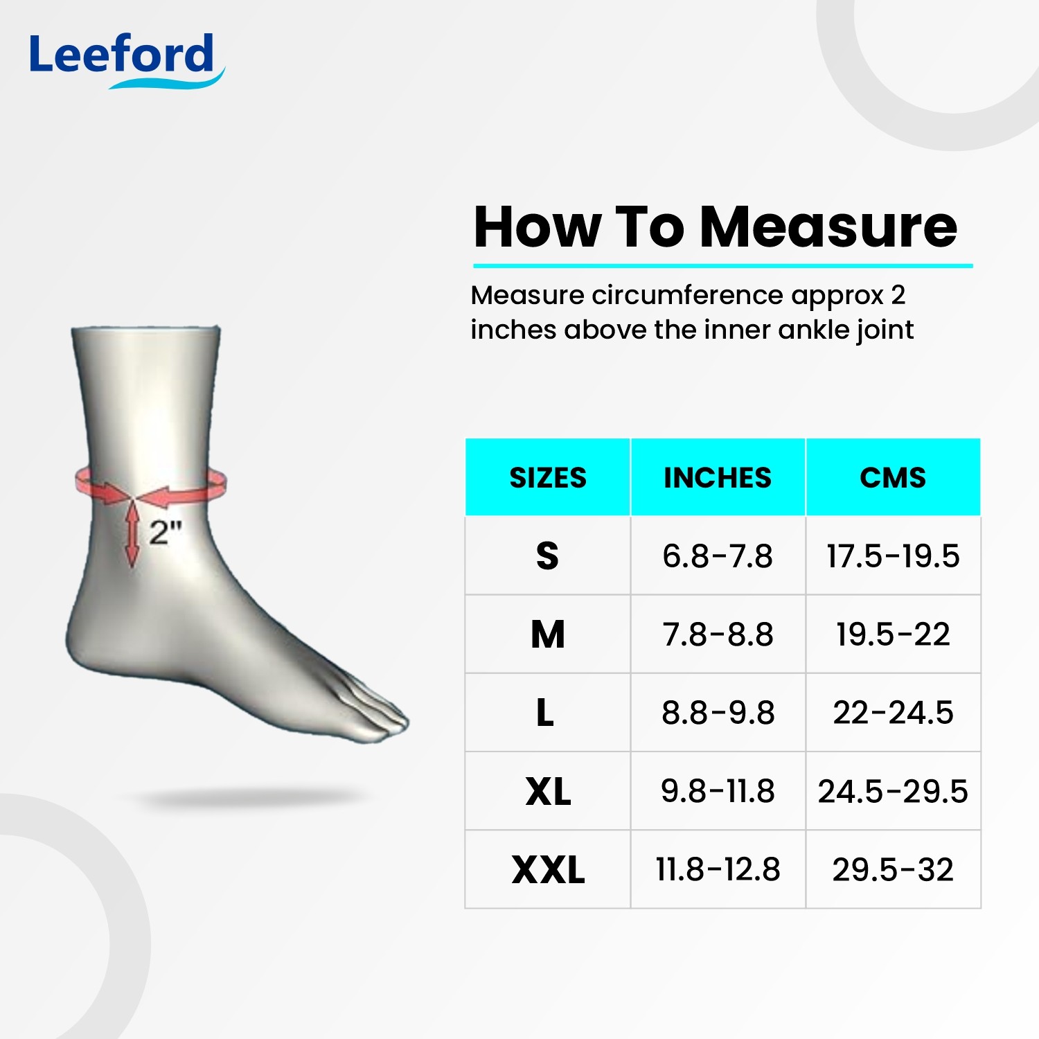 Leeford Ankle Support Designer for Pain Relief For Men and Women Size Chart