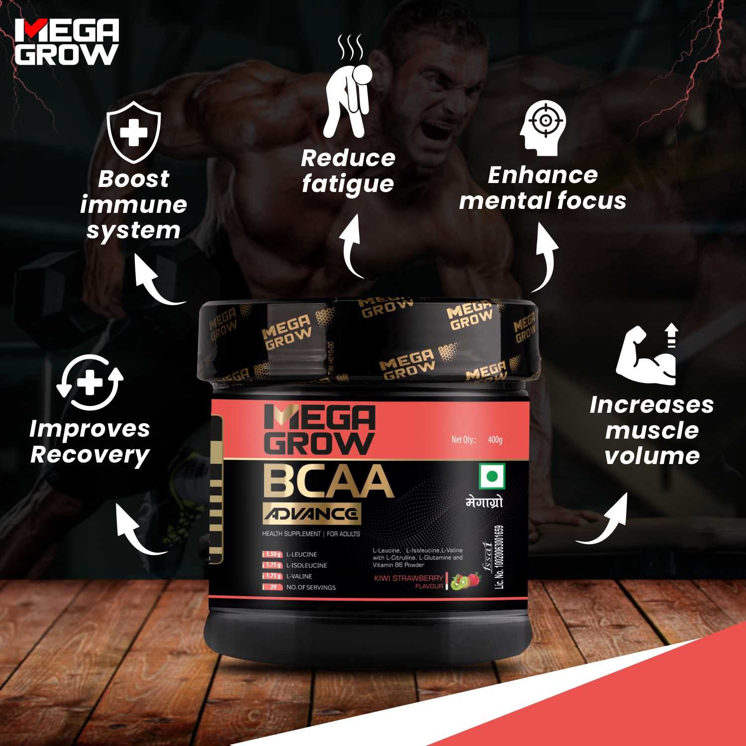 Megagrow BCAA Powder Kiwi Strawberry Flavor All Features