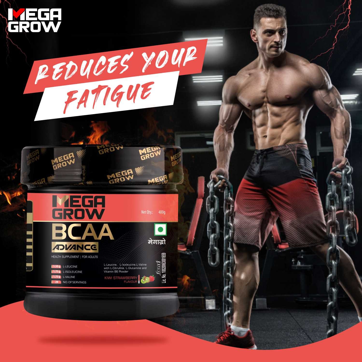 Megagrow BCAA Powder Kiwi Strawberry Flavor Reduce Your Fatigue