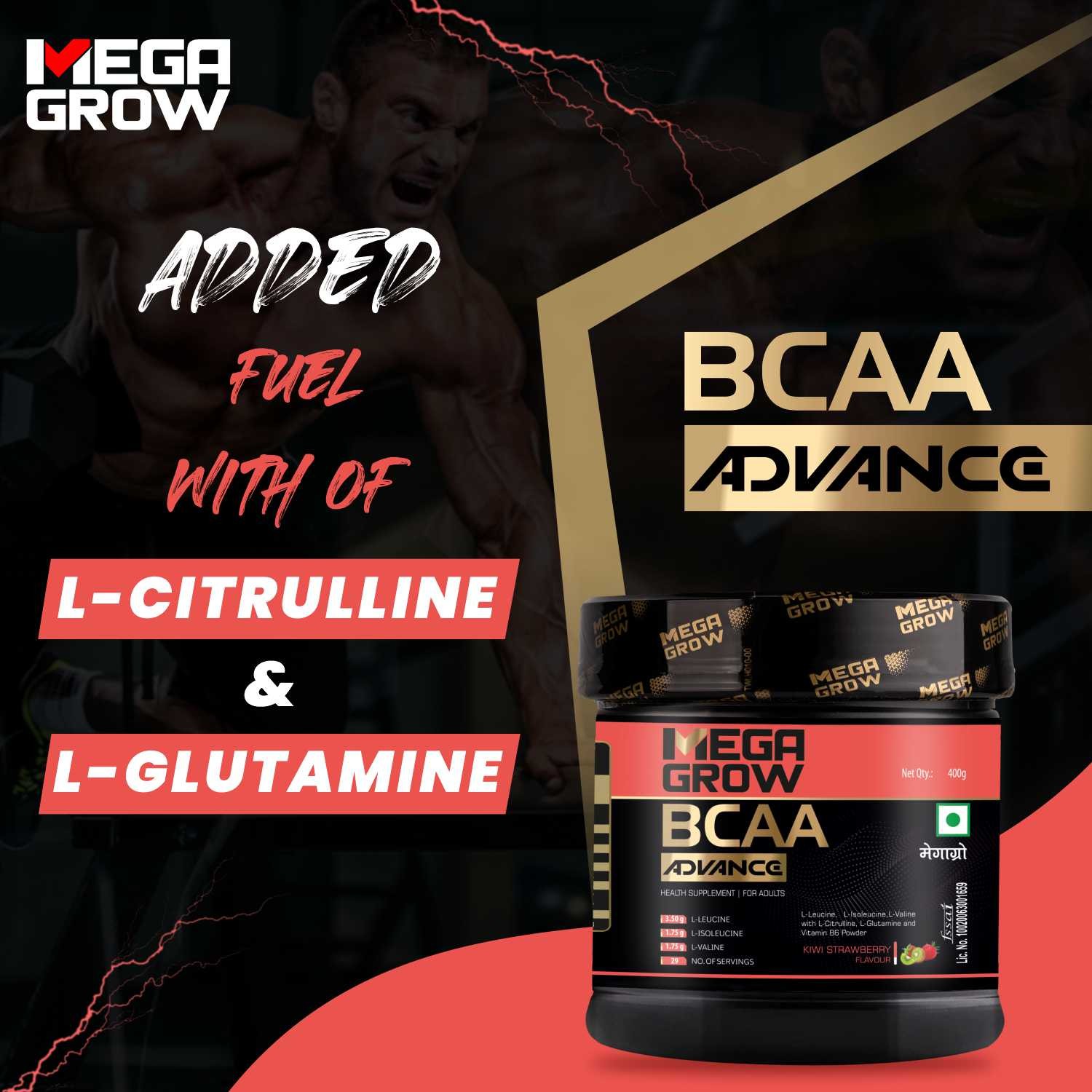 Megagrow BCAA Powder Kiwi Strawberry Flavor Added Fuel