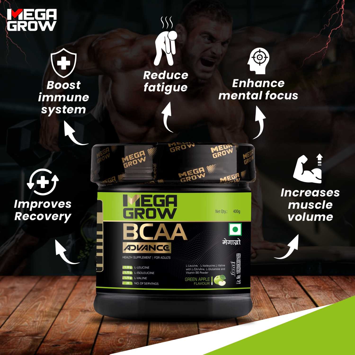 Megagrow BCAA Advance Supplement Powder Green Apple Flavor Features