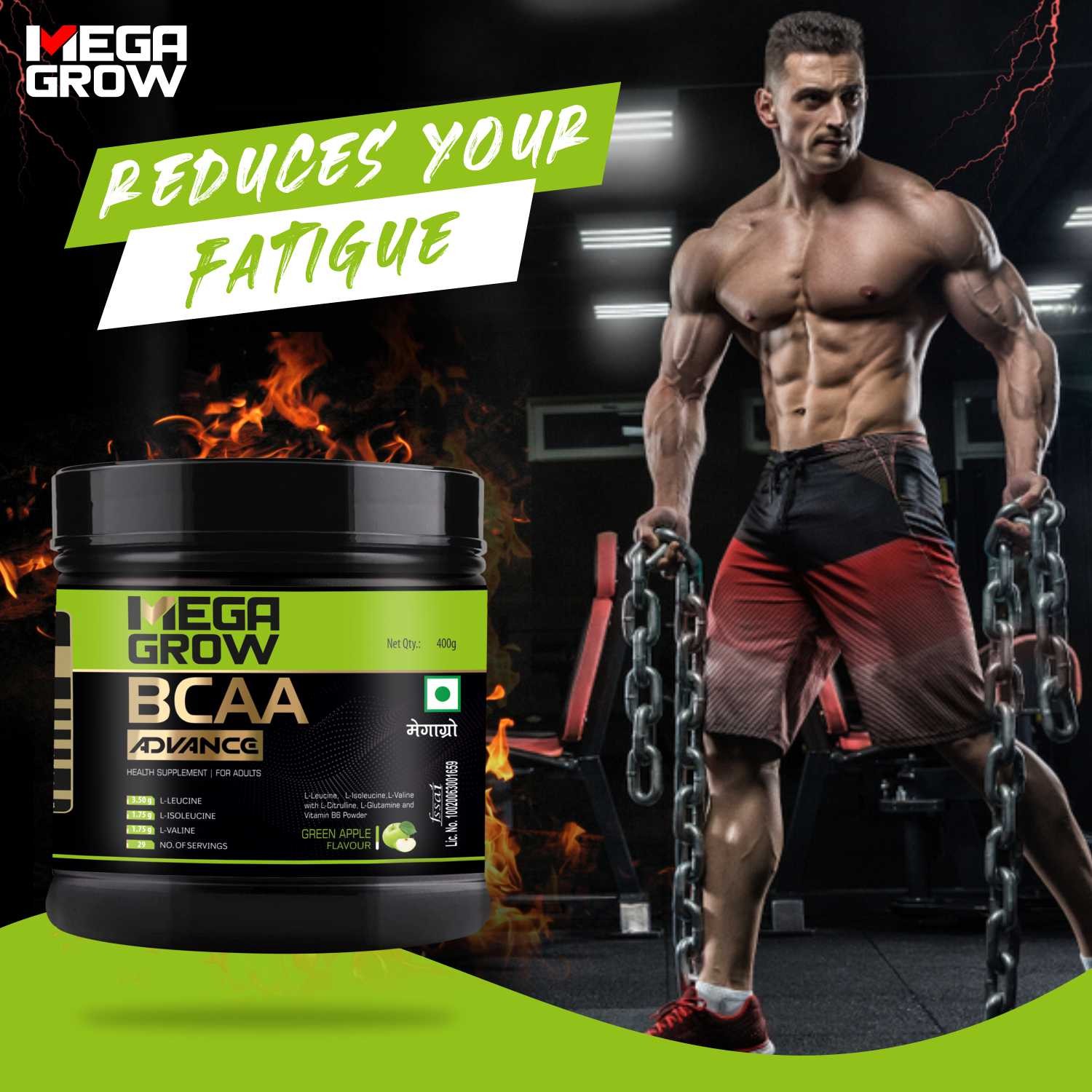 Megagrow BCAA Advance Supplement Powder Green Apple Flavor Reduce Your Fatigue