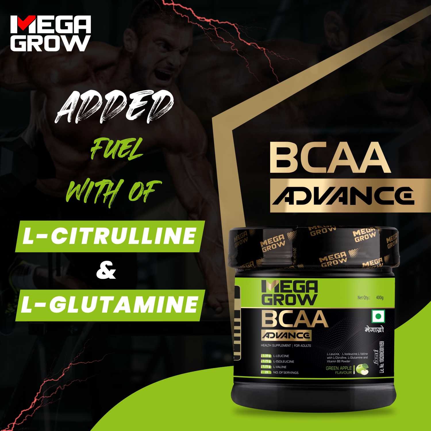 Megagrow BCAA Advance Supplement Powder Green Apple Flavor Added Fuel