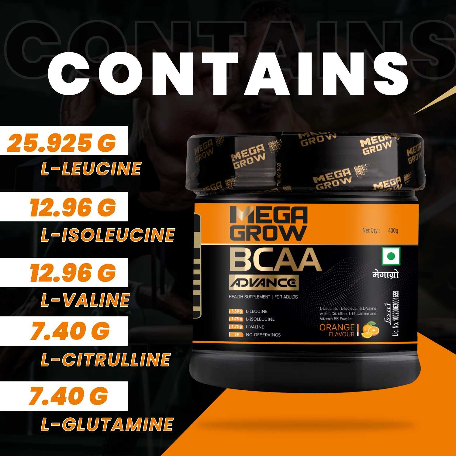Megagrow BCAA Advance Supplement Powder Orange Flavor All Ingredients