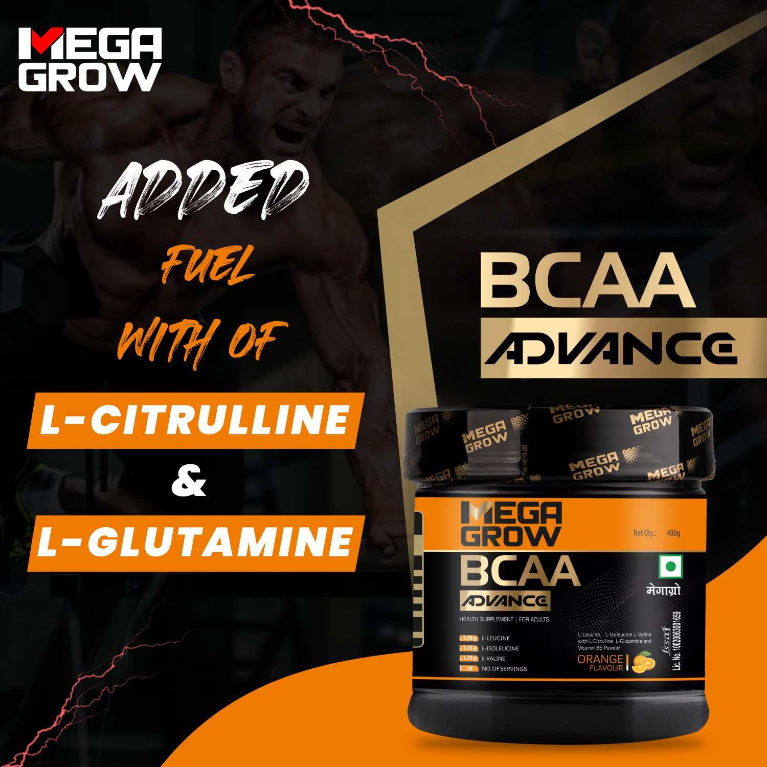 Megagrow BCAA Advance Supplement Powder Orange Flavor Added Fuel
