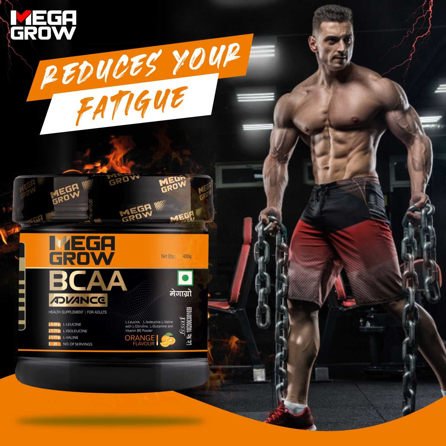 Megagrow BCAA Advance Supplement Powder Orange Flavor Reduce Your Fatigue