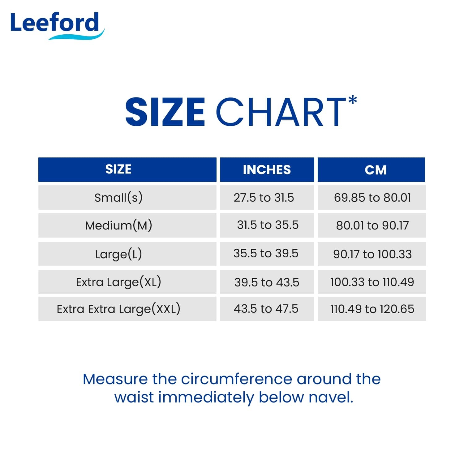Leeford Contoured Lumbo Sacral Belt measurement size chart guide