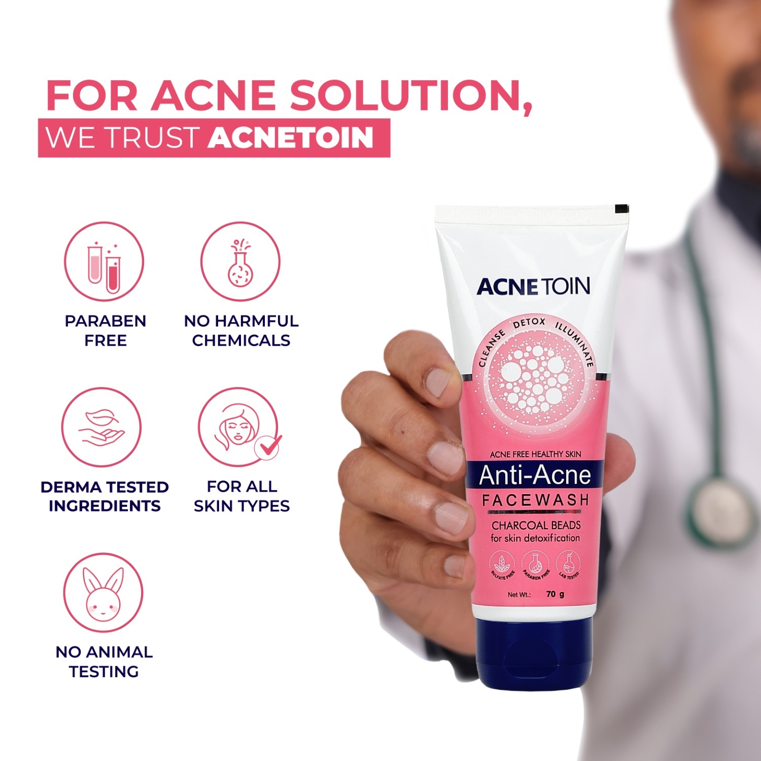 Acnetoin Anti-Acne Charcoal Facewash paraben free serma tested for all skin types