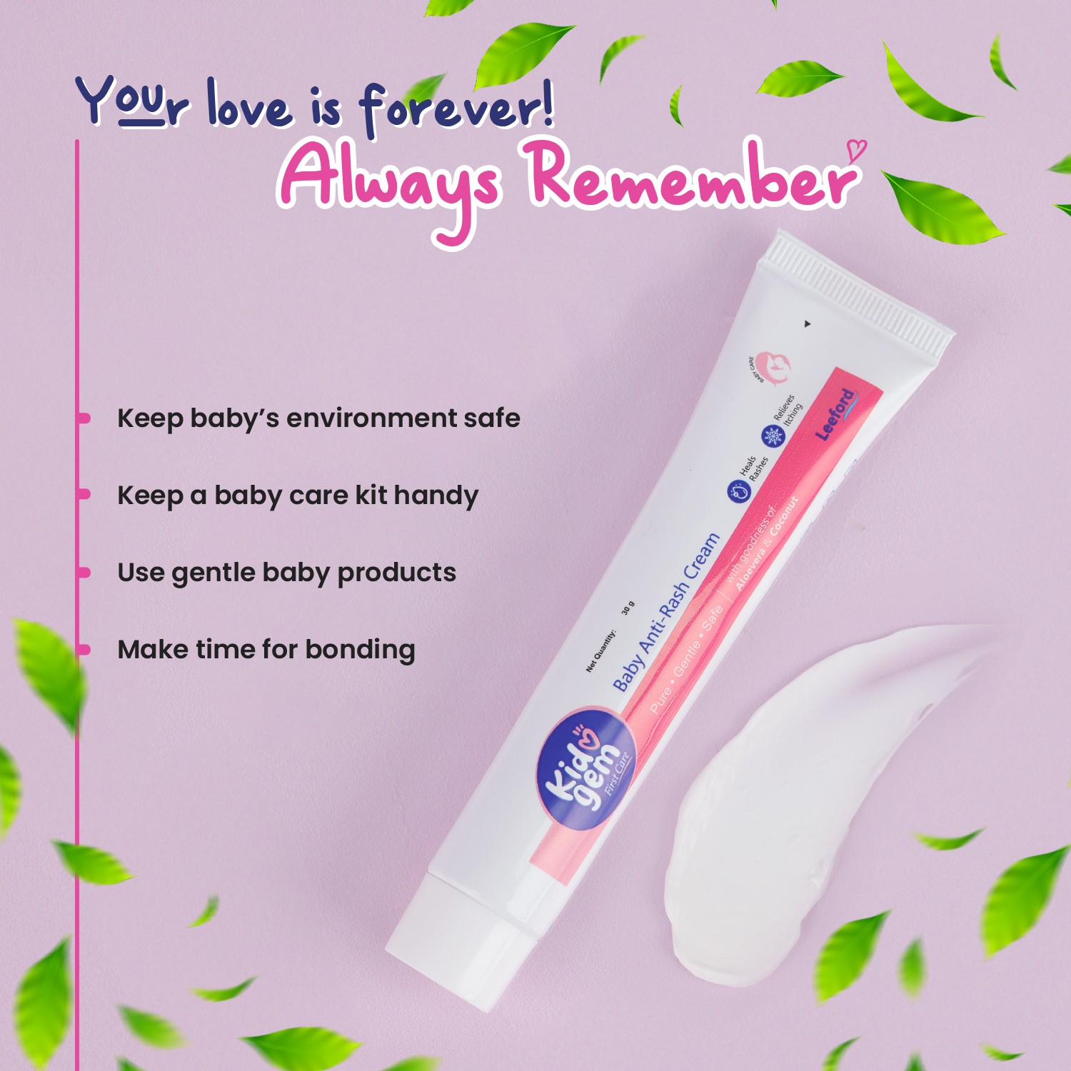 Kidogem Diaper Rash Cream 30g – Coconut & Aloe Vera, Soft Relief