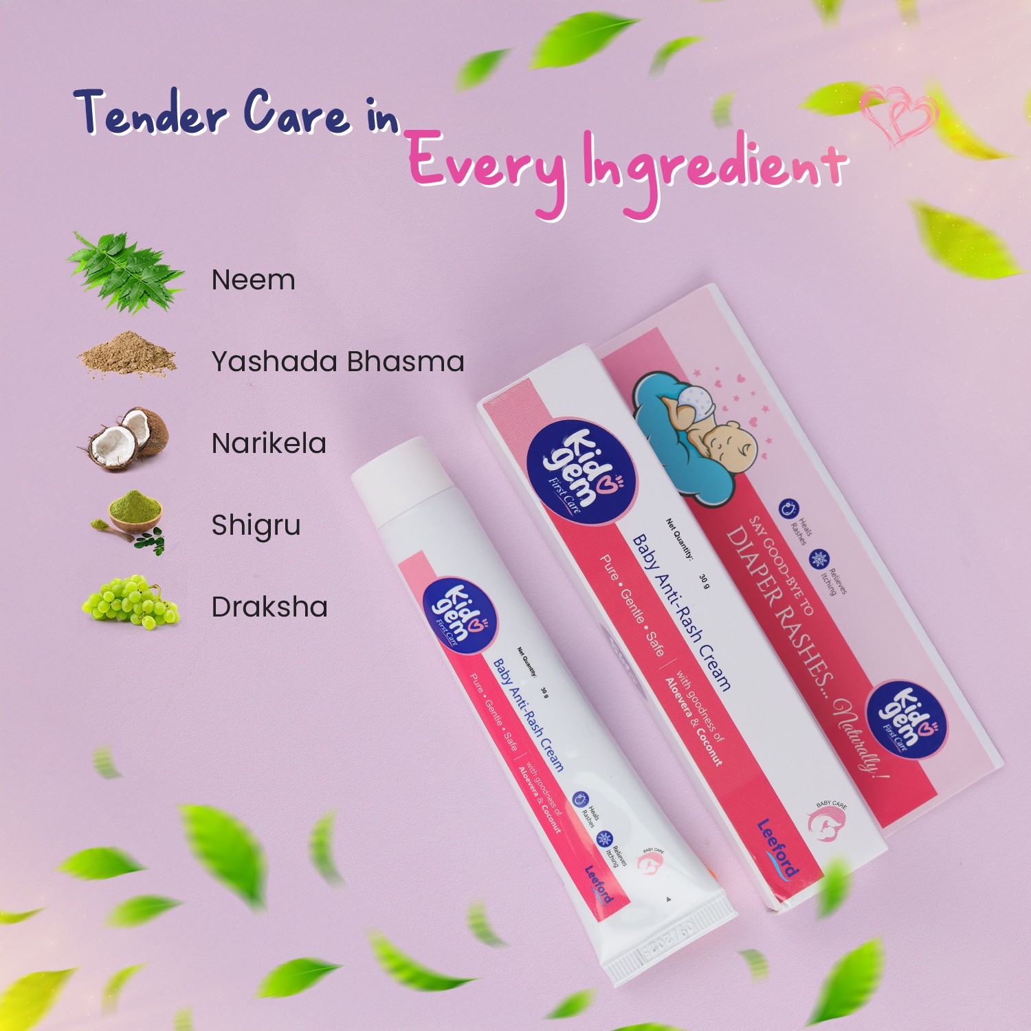 Kidogem Diaper Rash Cream 30g – Coconut & Aloe Vera, Soft Relief