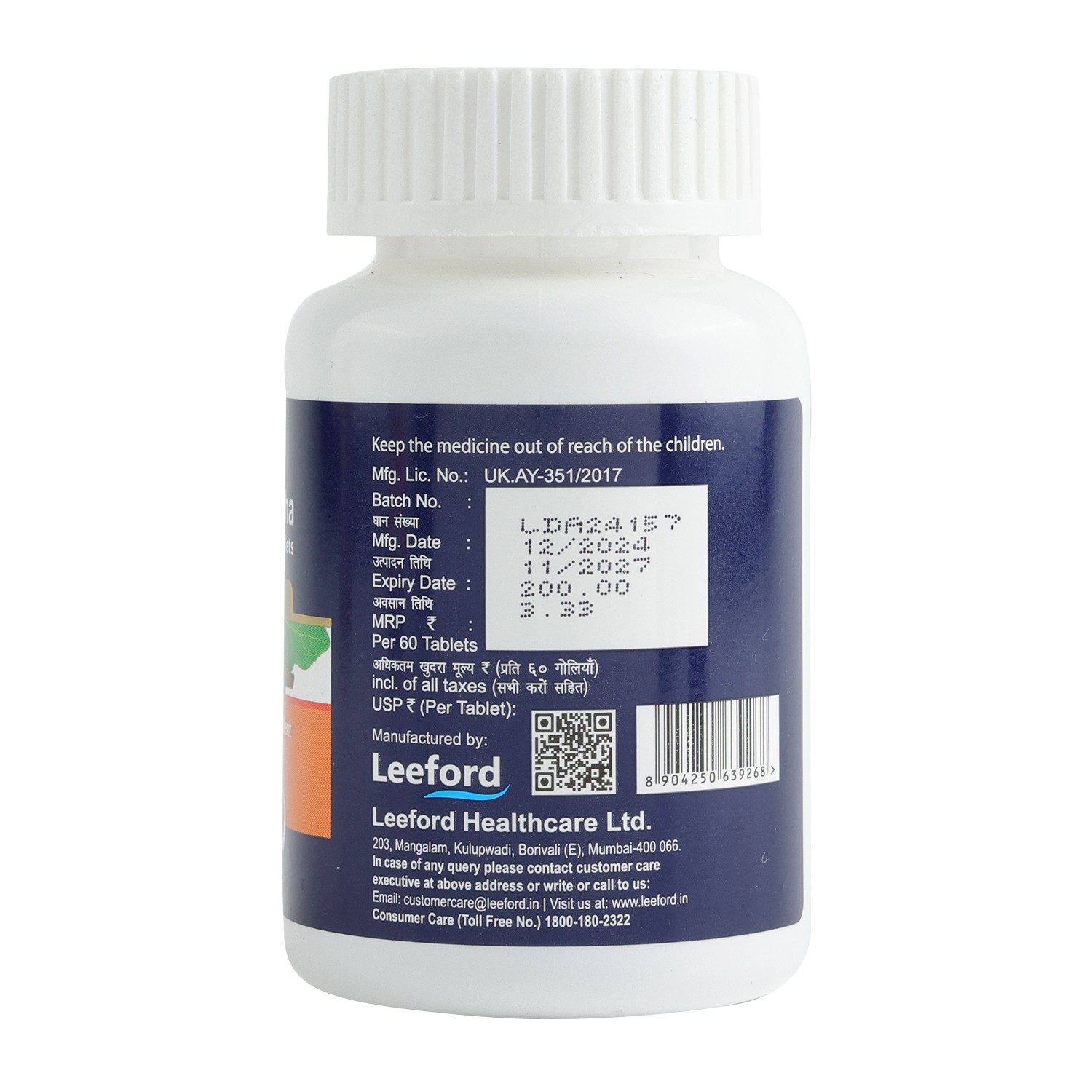 Leeford ashwagandha tablets product packaging