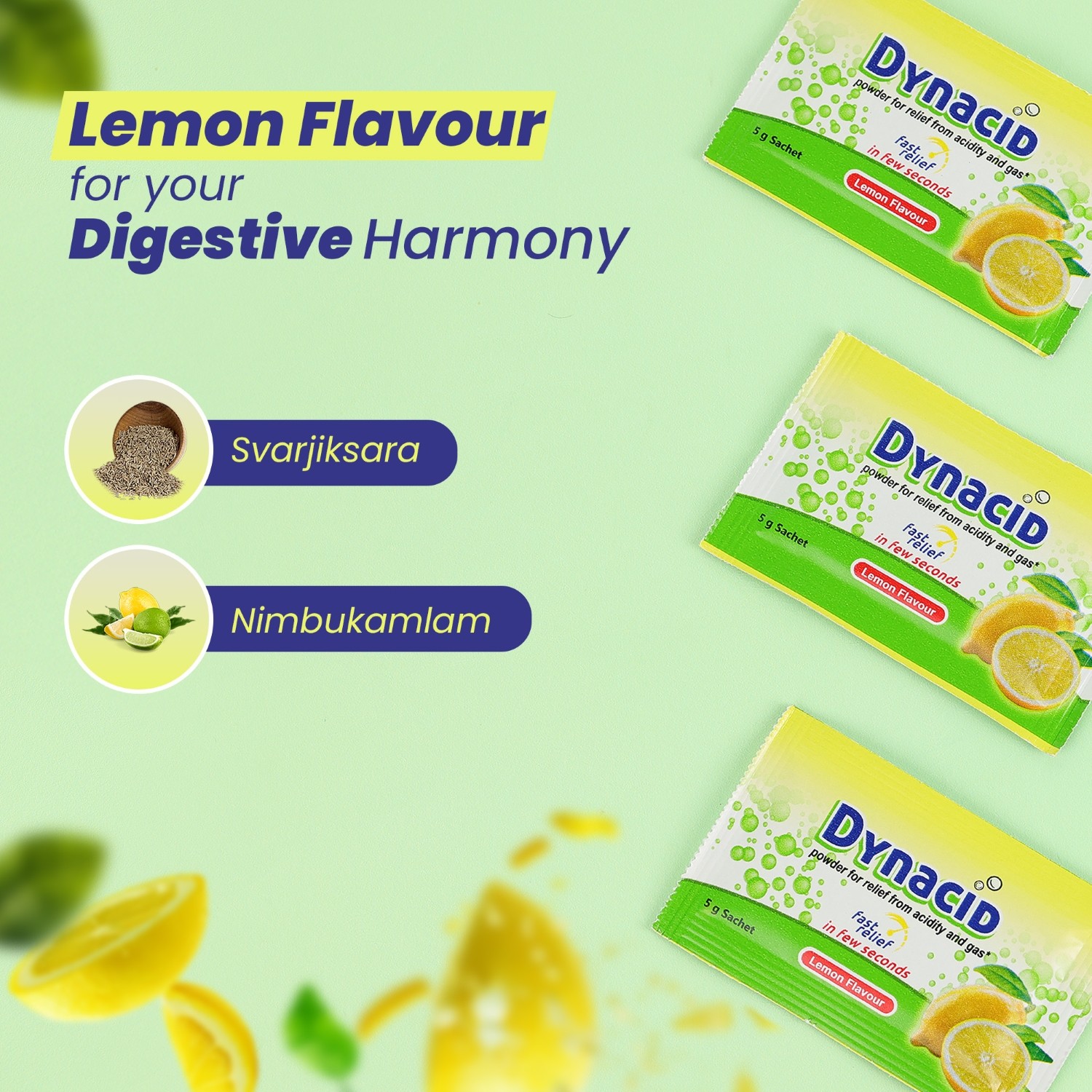 Dynacid lemon sachet with its key ingredients