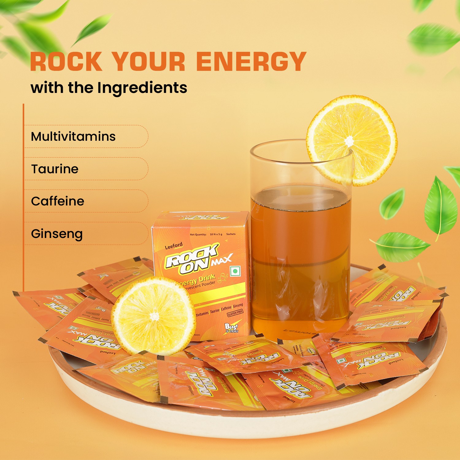 Rock on max energy drink powder sachet key ingredients