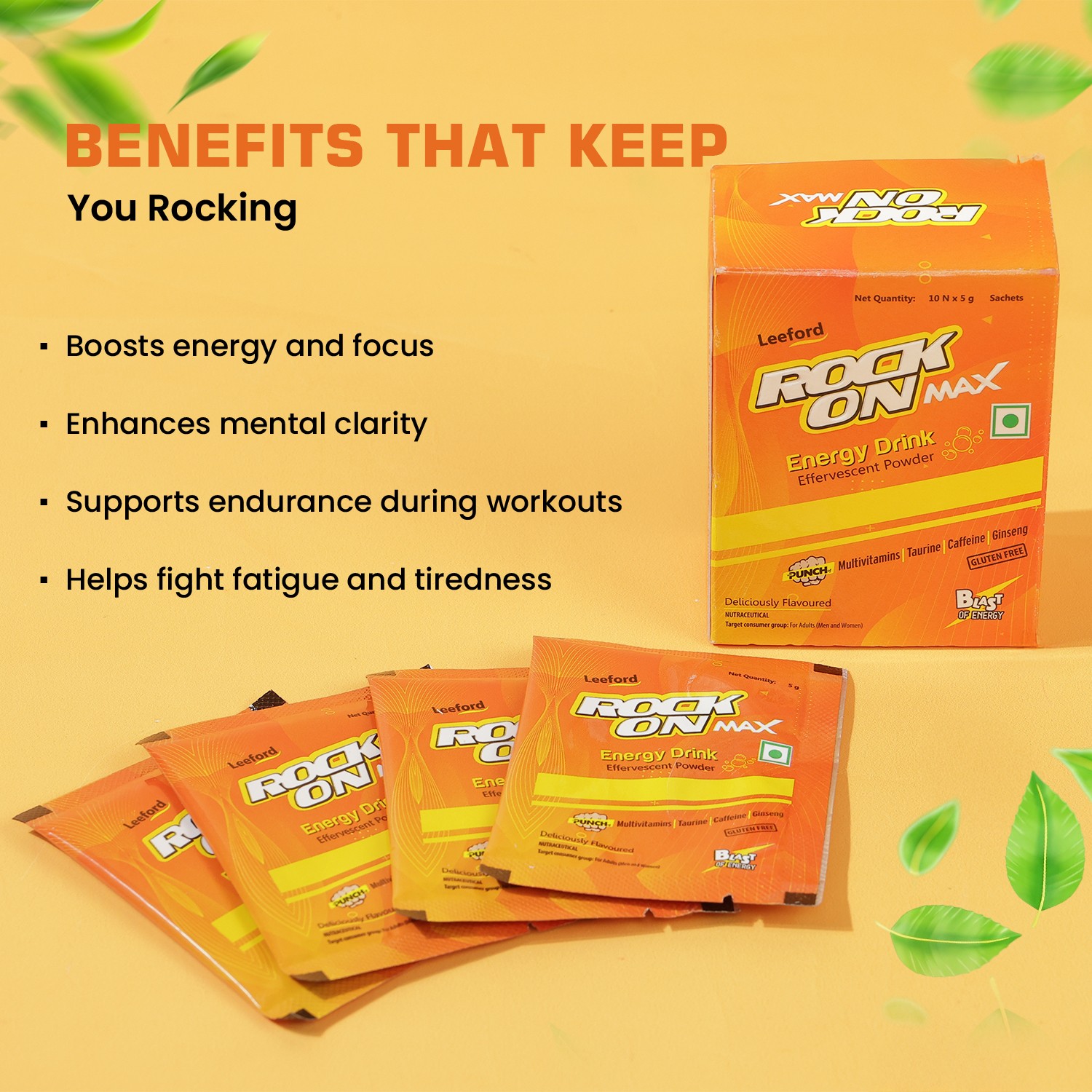 Rock on max energy drink powder sachet key benefits