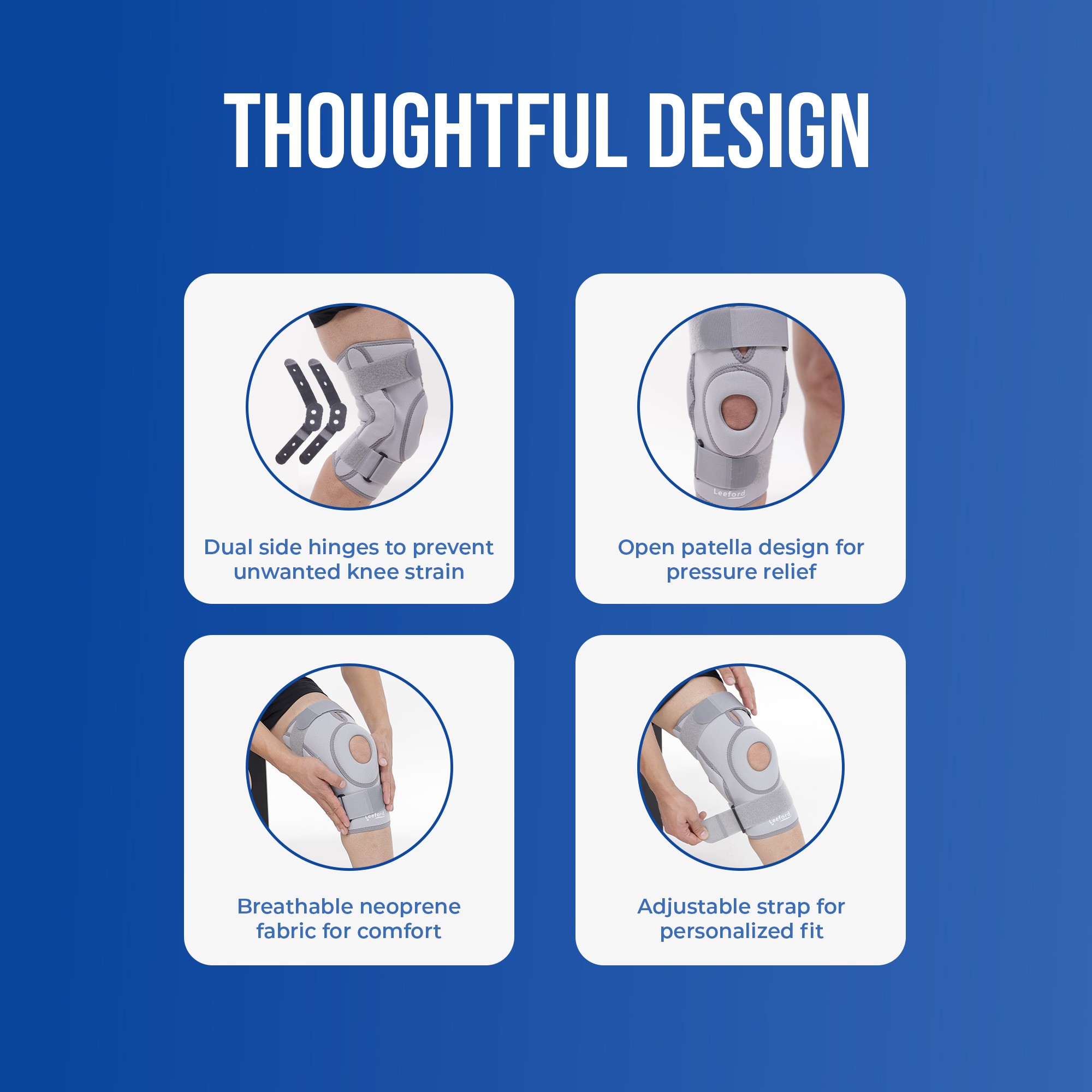 Knee support with hinge with open patella design for pressure relief with neoprene fabric
