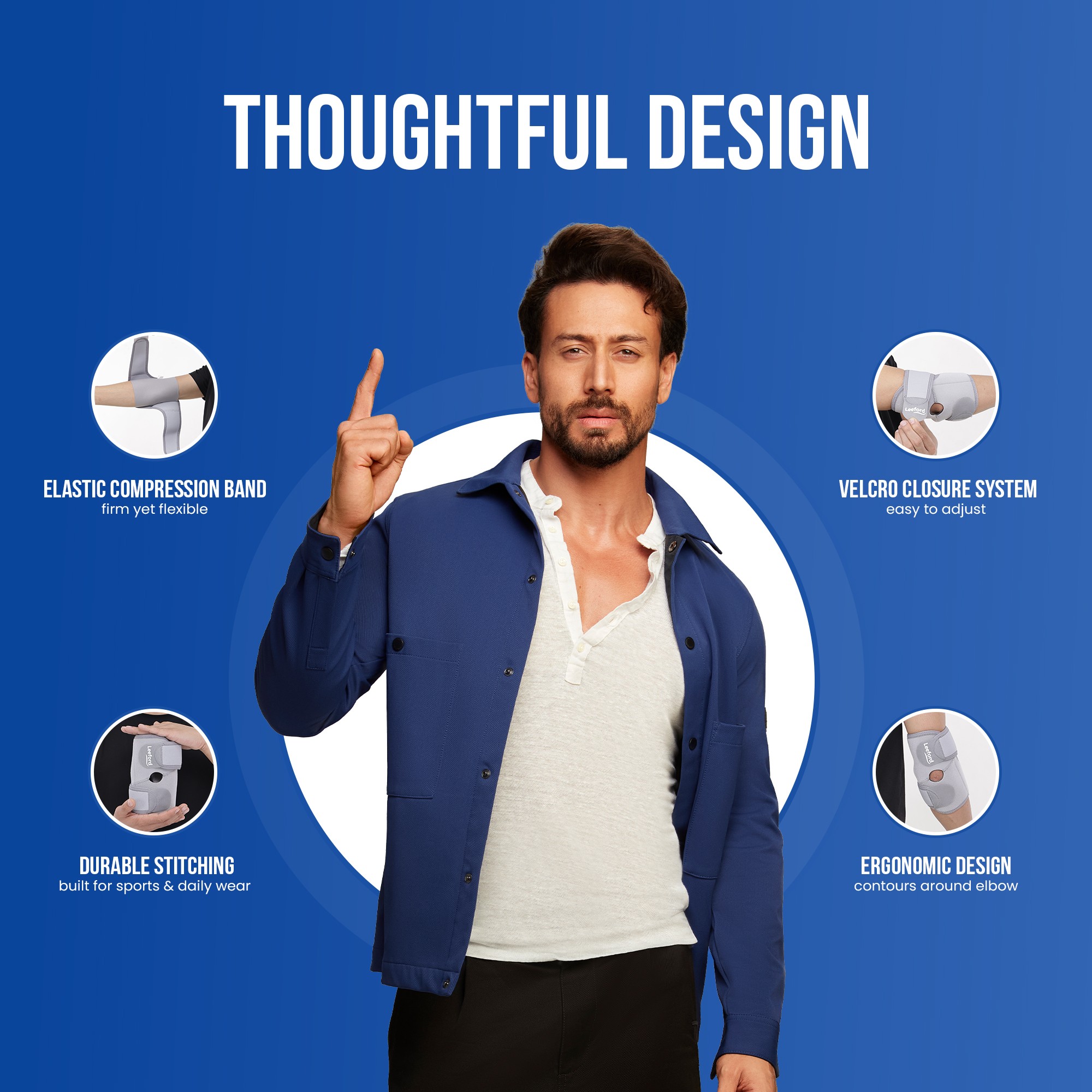 elbow brace with elastic compression band durable stiching velcro closure ergonomic design