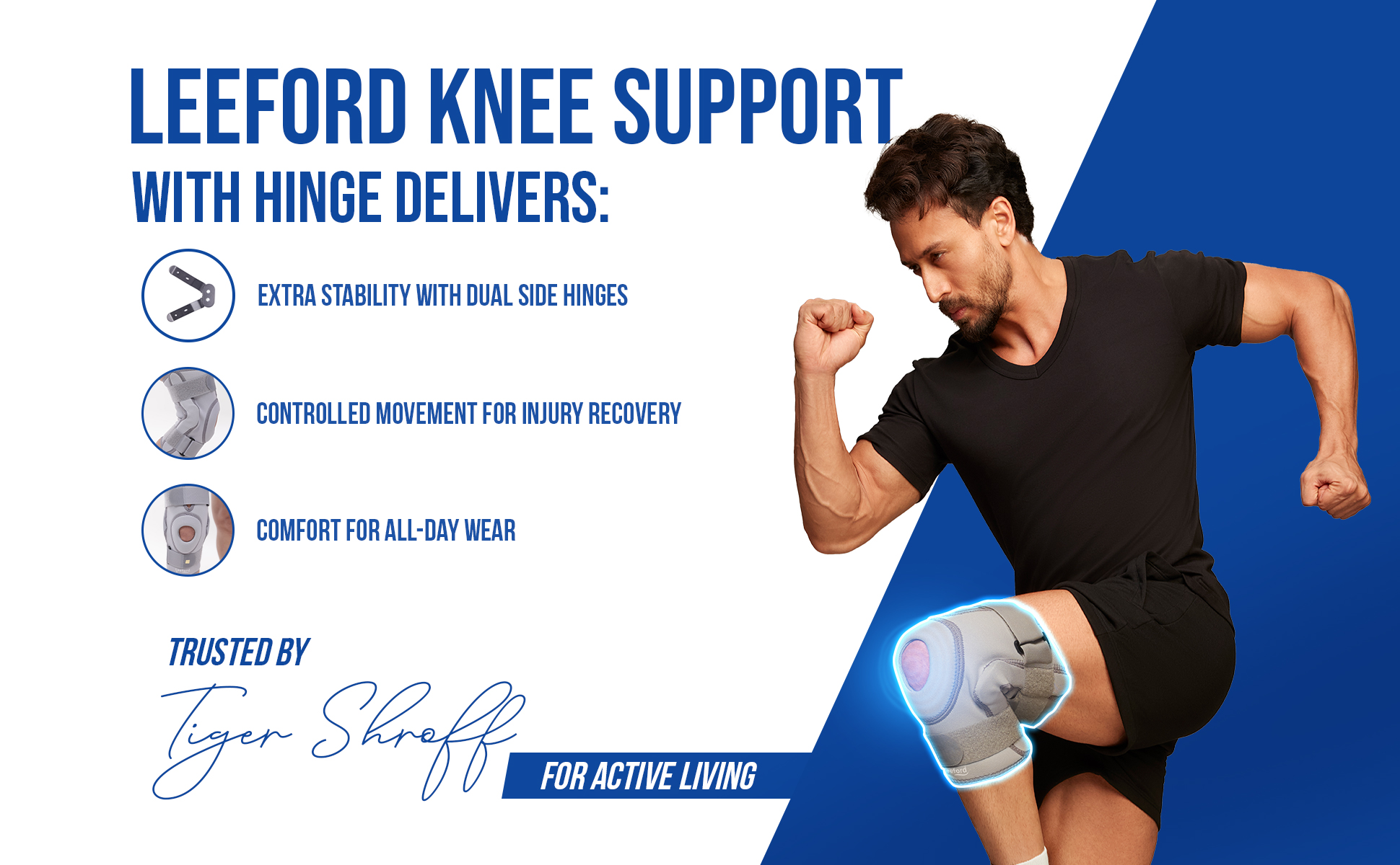 Knee support with hinge provide controlled movement for injury recovery n comfort for all day wear