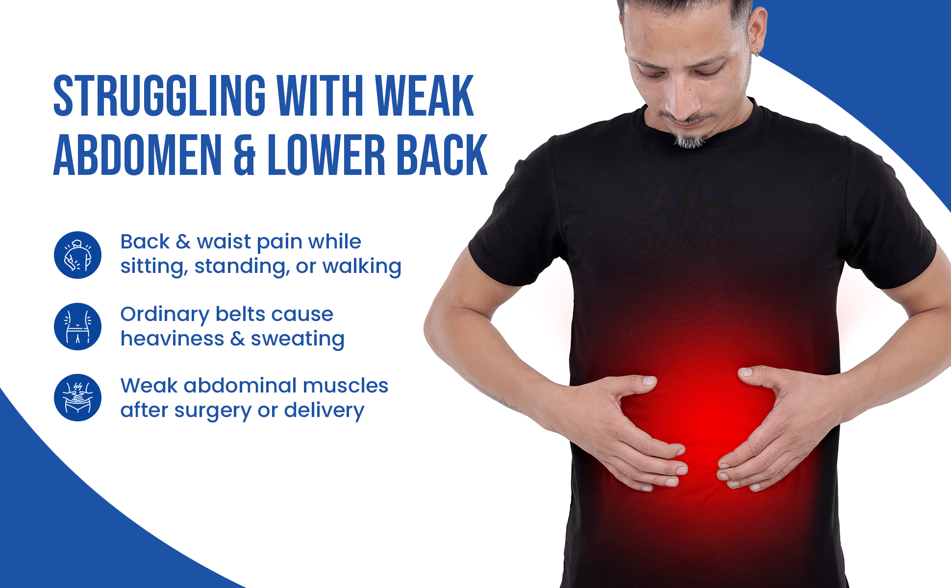 person struggling with weak abdomen muscles n lower back pain problem