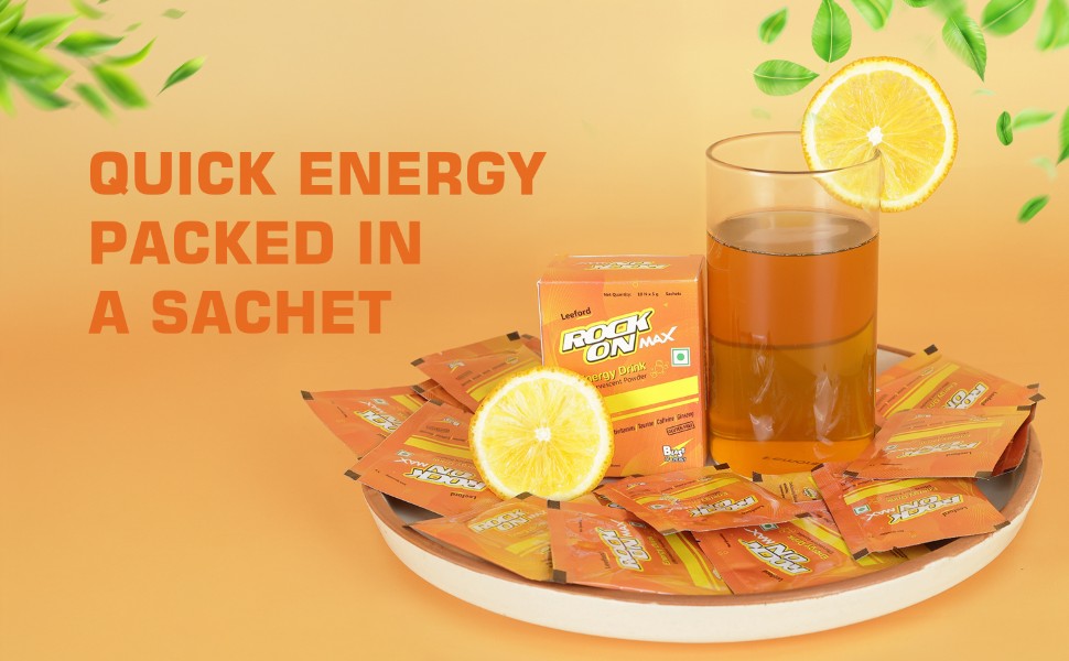 Rock on max energy drink powder sachet quick energy pack