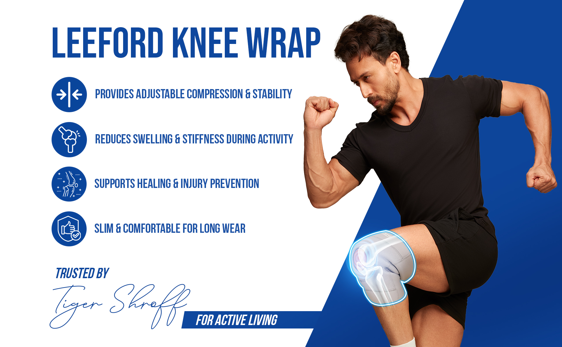 knee wrap provides adjustable compression n stability reduce swelling n stiffness during activity