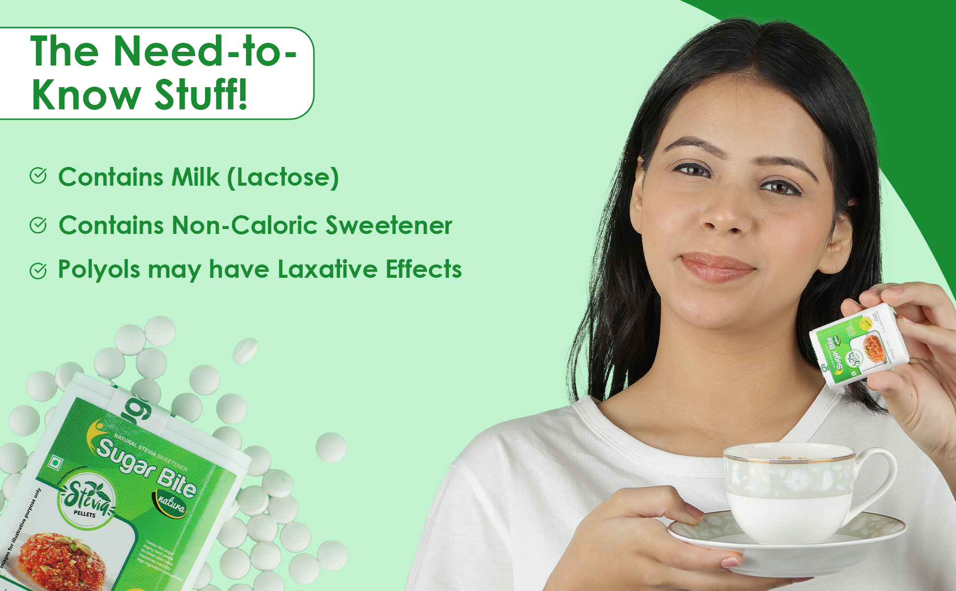 Sugar bite natura sweetener pellets contains milk non sweeter